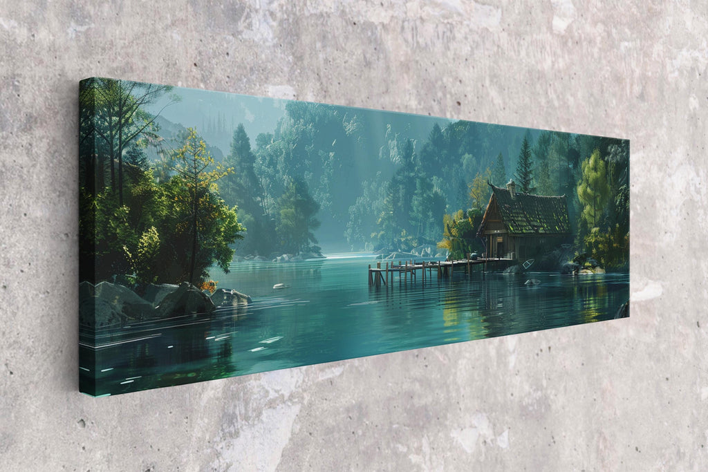 a painting of a lake with a house on it