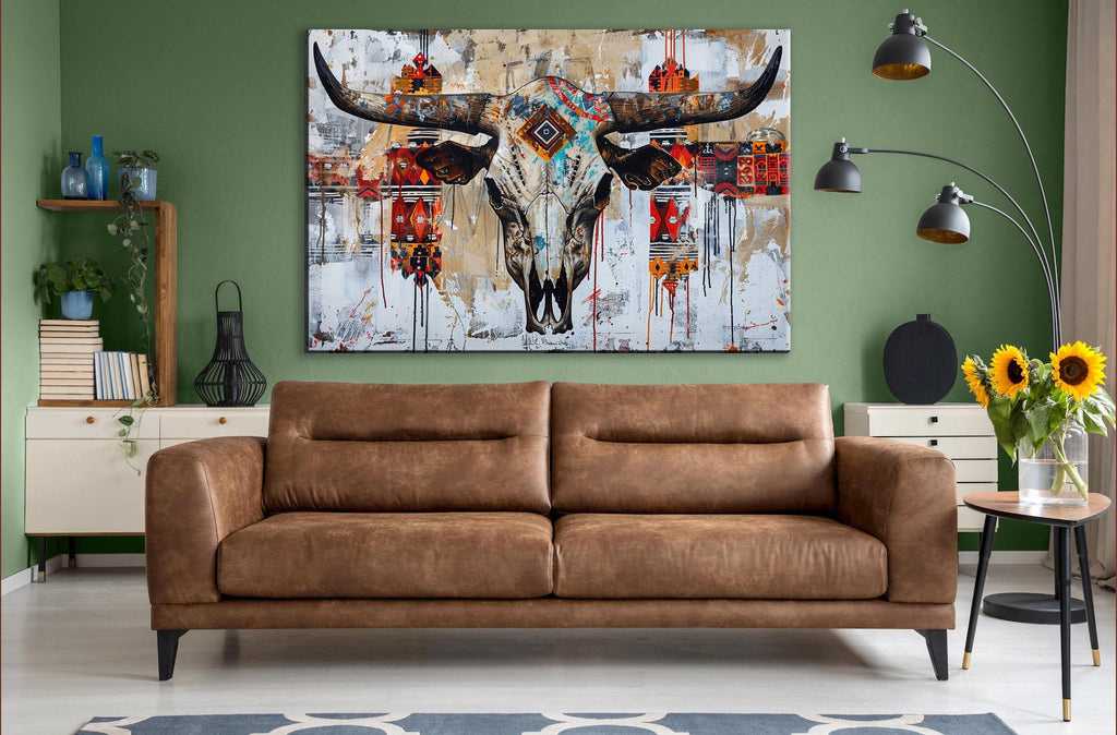 Native Cow Skull Art – Large Canvas Wall Art | Abstract Tribal Pattern Print
