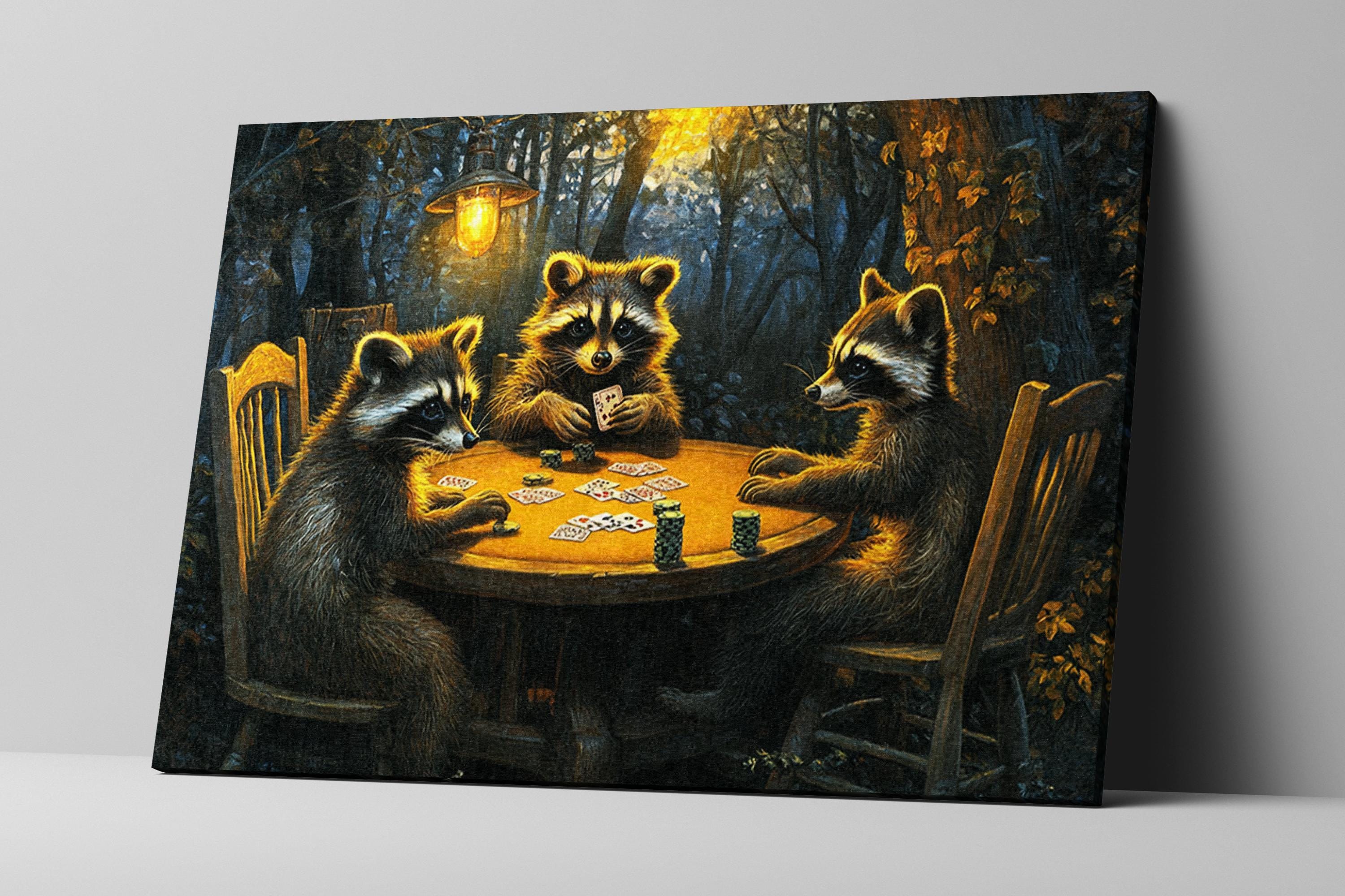 Raccoons Playing Poker Art – Extra Large Canvas | Framed Wall Art for Game Room