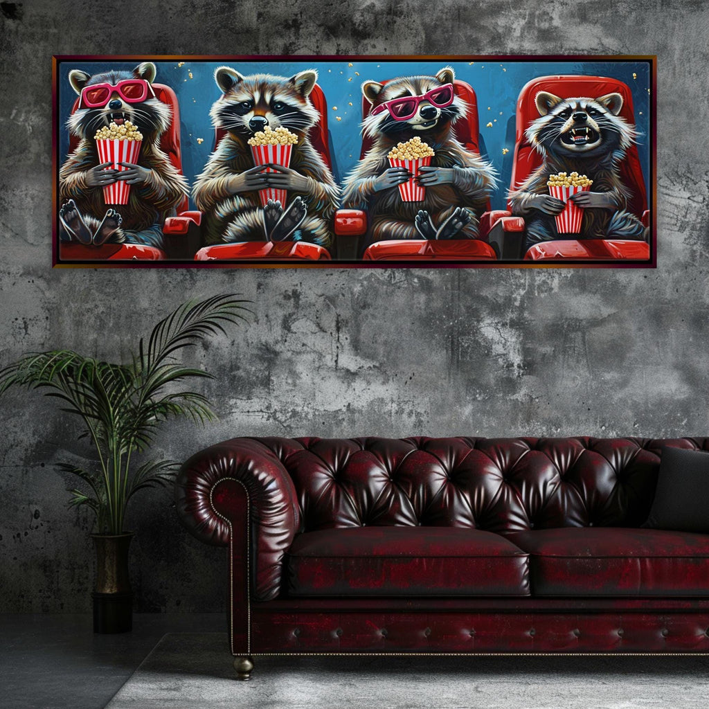 Panoramic Wall Art - Funny Raccoons Movie Theater Decor | Extra Large Canvas Ready to Hang