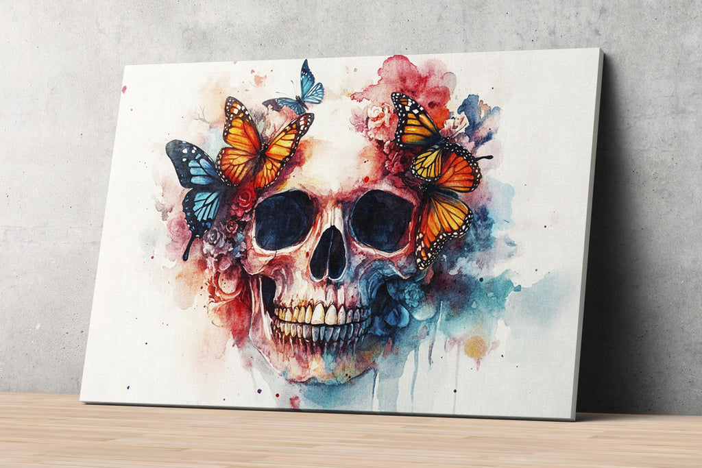 The image is a vibrant and colorful painting of a skull adorned with butterflies and flowers, creating a striking and artistic composition.