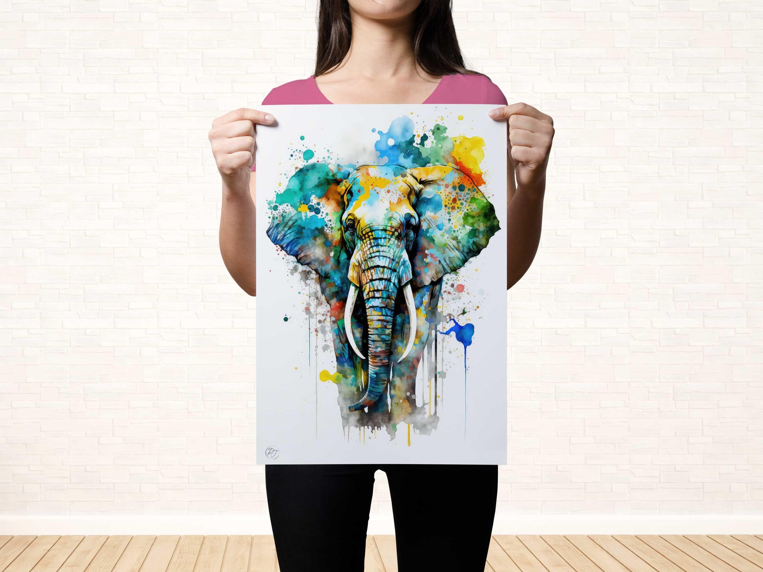 Elephant Watercolor Art Print, Nursery Animal Canvas Print, Cute Elephant Decor, Colorful Framed Kids Wall Art