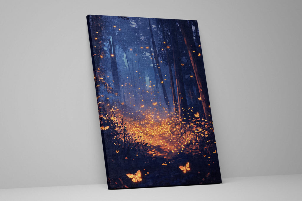 a painting of a forest with butterflies flying around