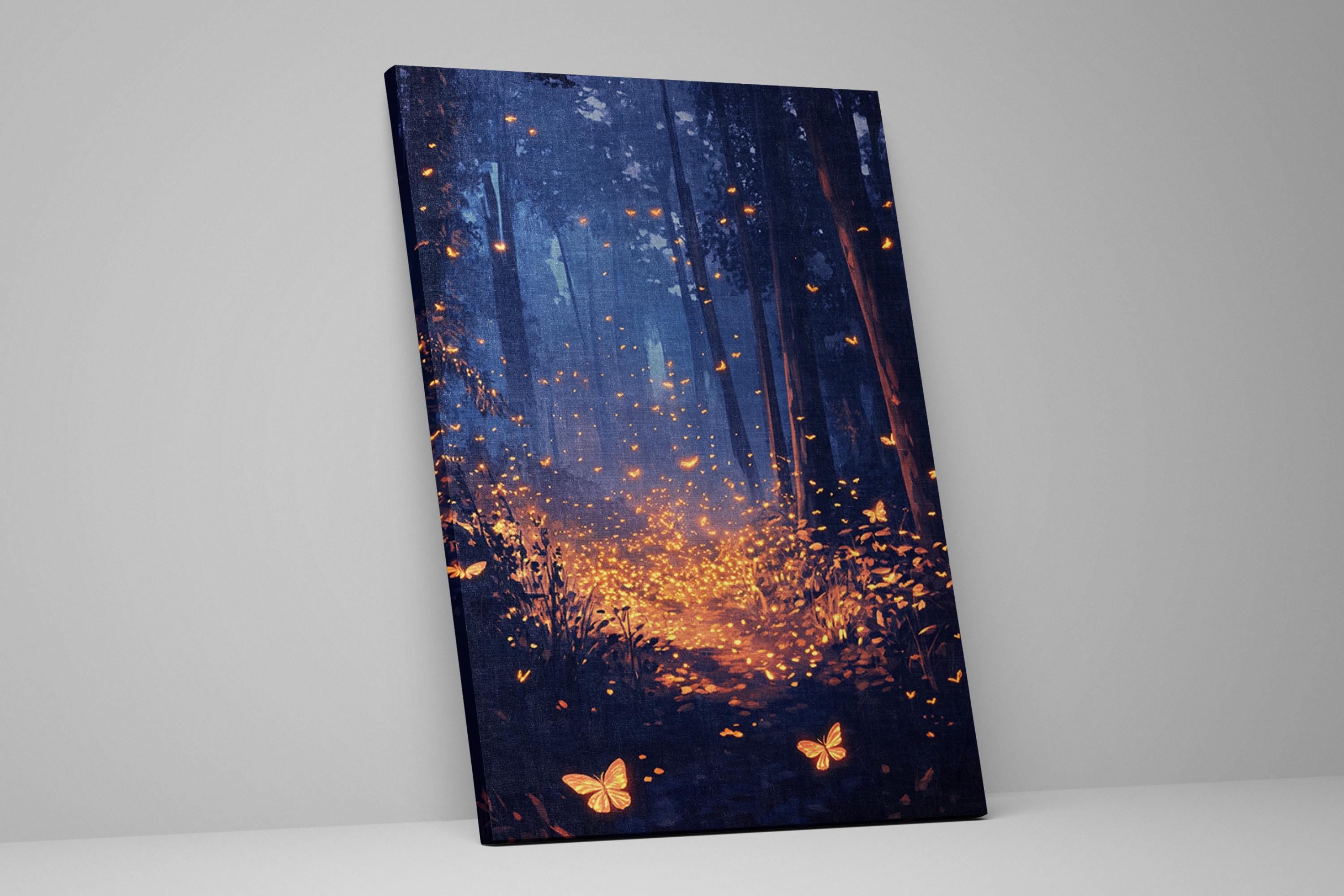 a painting of a forest with butterflies flying around