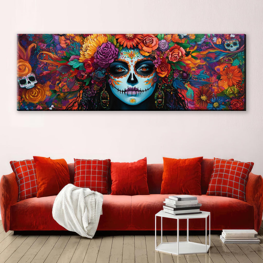 Day of the Dead Canvas Art – Vibrant Latina Beauty Panoramic Canvas Print | Extra Large Wall Decor