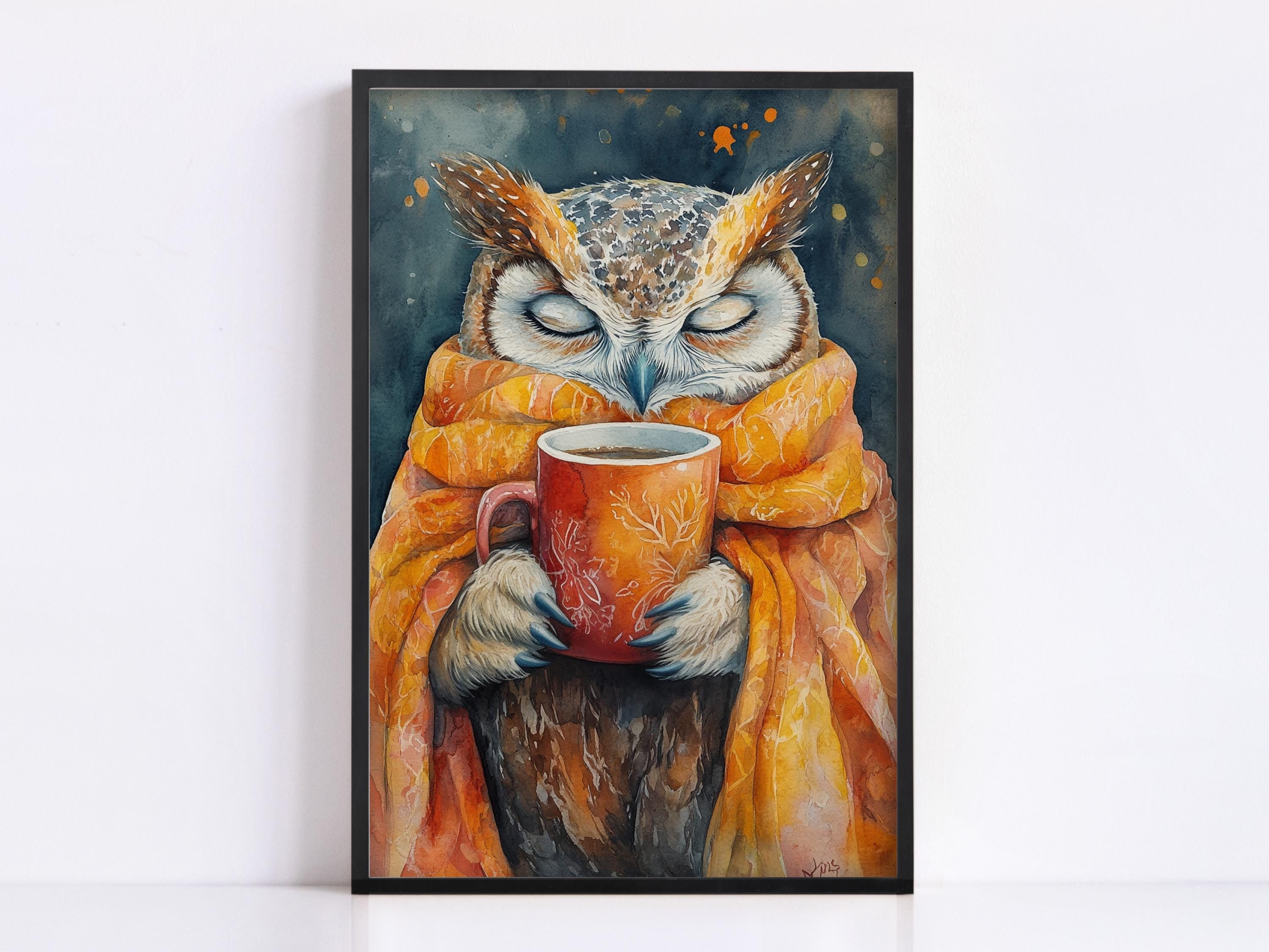 A painting of an owl wrapped in a blanket and holding a cup of coffee, with its eyes closed.
