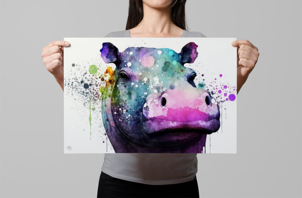 Nature's Guardians: Watercolor Hippo Wall Art Print, Giclee Print on Canvas, Artist Paper, Watercolor Paper, Available in Extra Large Sizes