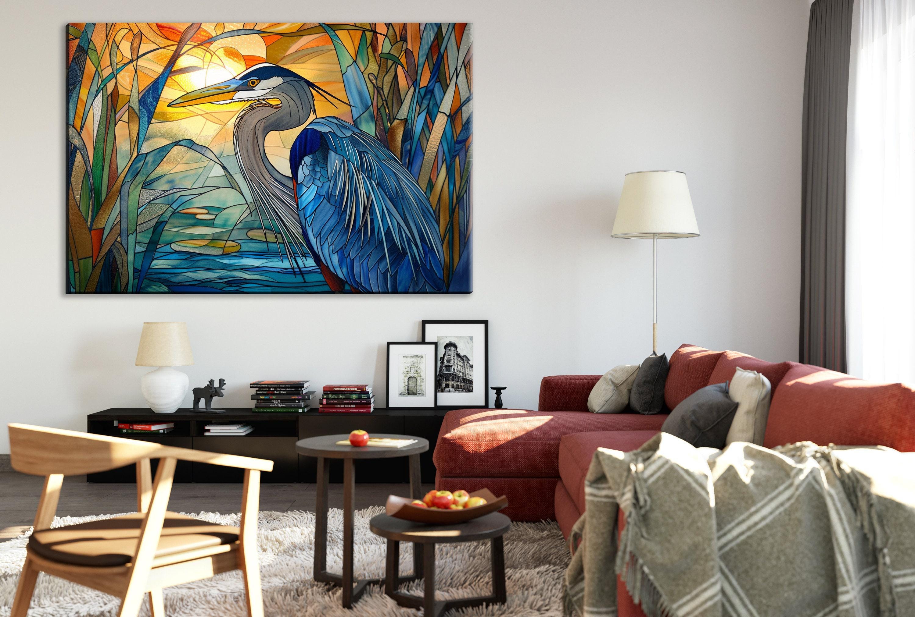 Blue Heron Canvas | Stained Glass Style Large Canvas Art - Coastal Bird Wall Decor