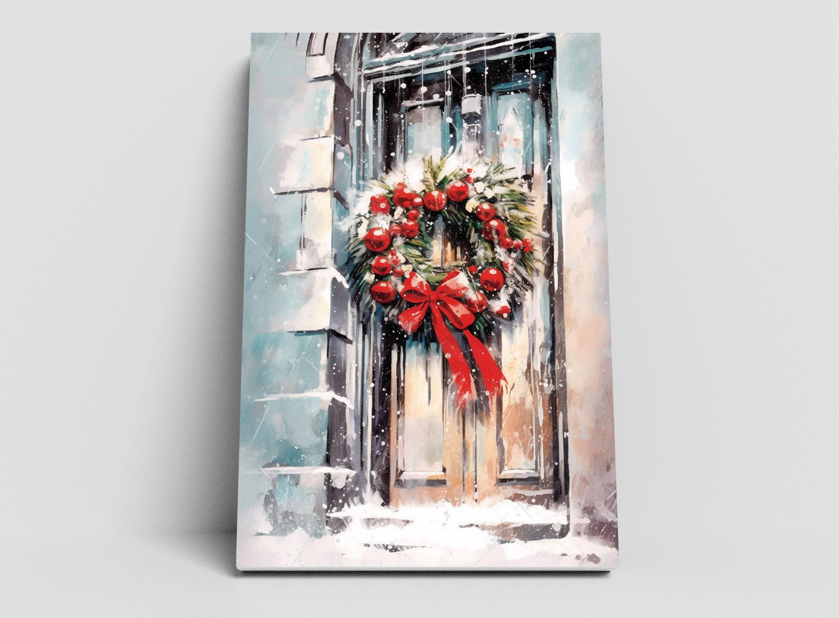 Festive Christmas Wreath Watercolor - Holiday Wall Art, Print on Canvas, Artist Paper, Watercolor Paper, Available in Extra Large Sizes