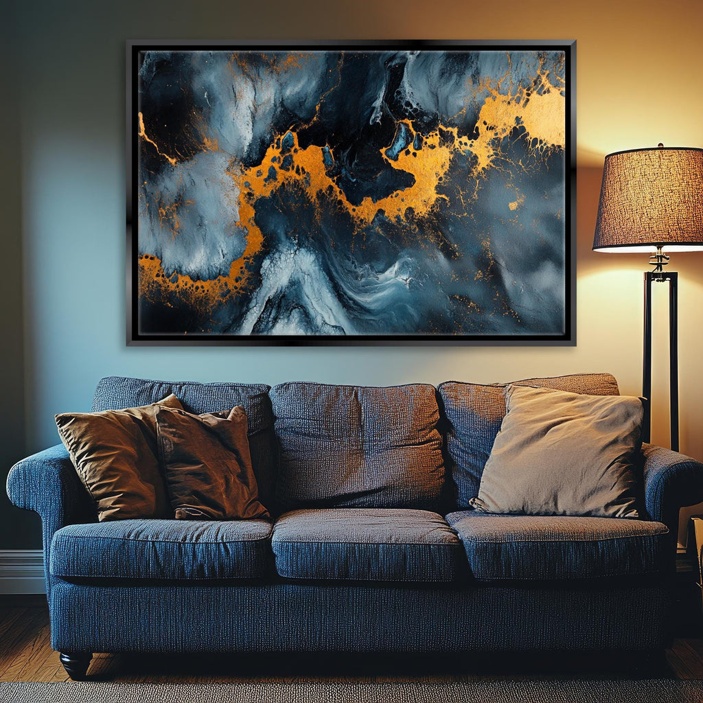 a living room with a couch and a painting on the wall