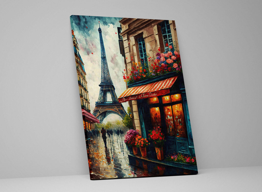 French Bistro Canvas - Paris Street Scene With Eiffel Tower Print | Gallery Ready Frame
