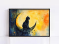 A black cat is sitting on a crescent moon in a painting.