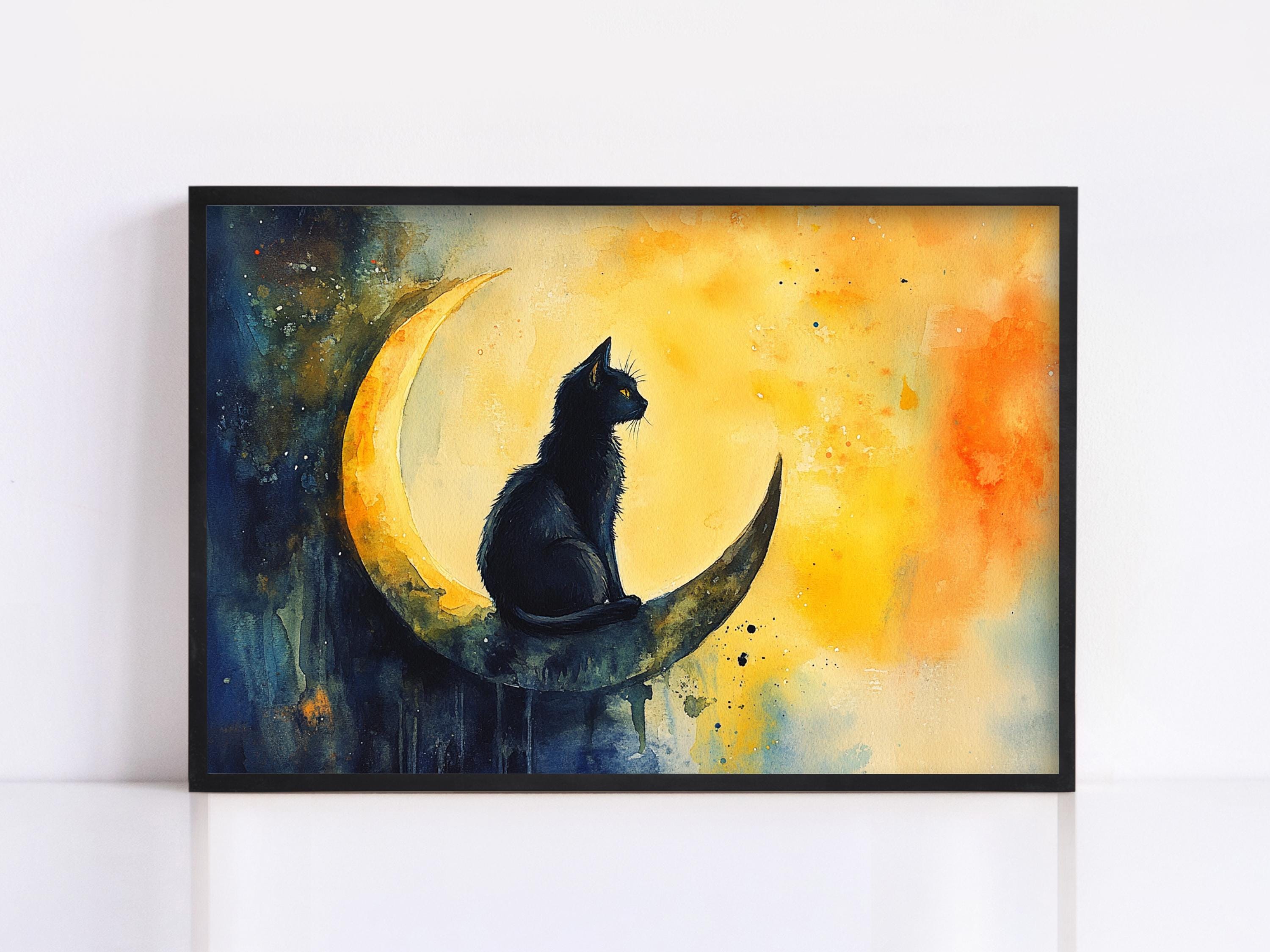 A black cat is sitting on a crescent moon in a painting.