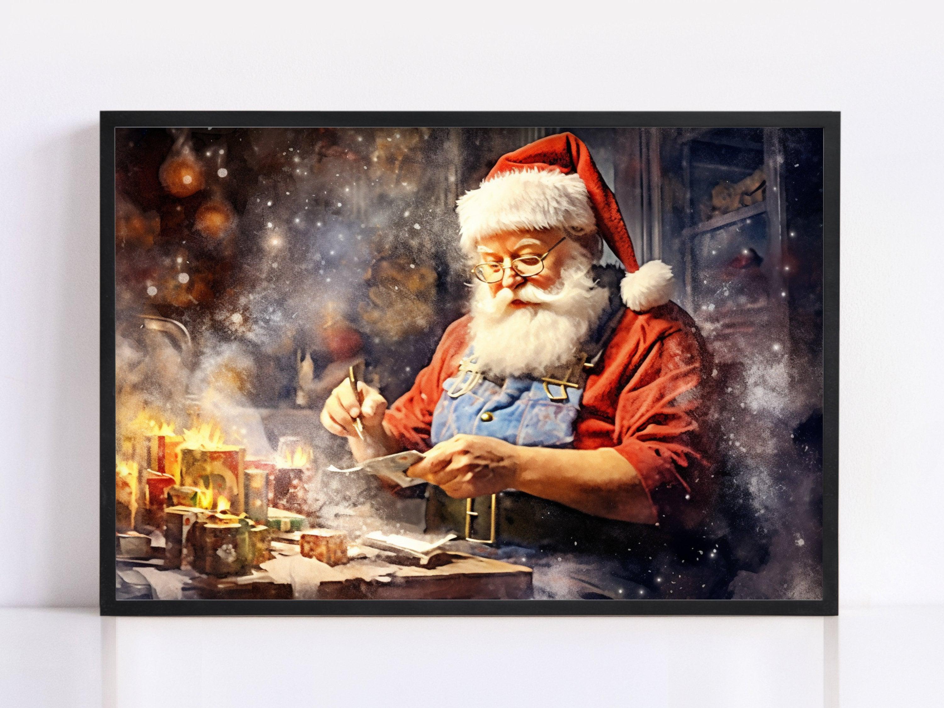 Santa Claus in His Workshop Watercolor - Christmas Giclee Print on Canvas, Artist Paper, Watercolor Paper, Available in Extra Large Sizes