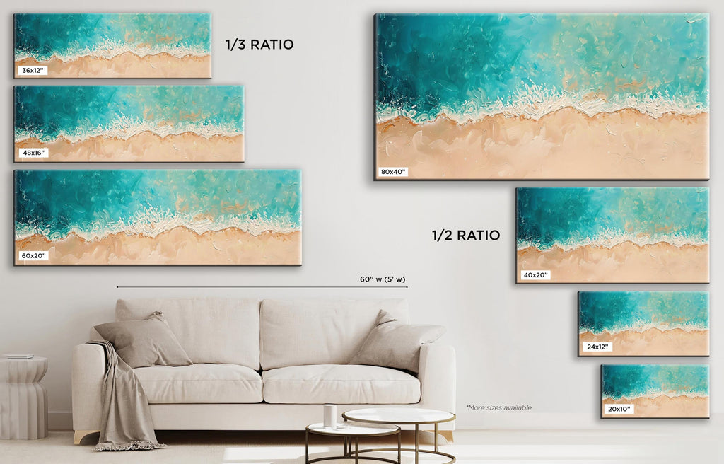 a living room with a couch, coffee table and paintings on the wall