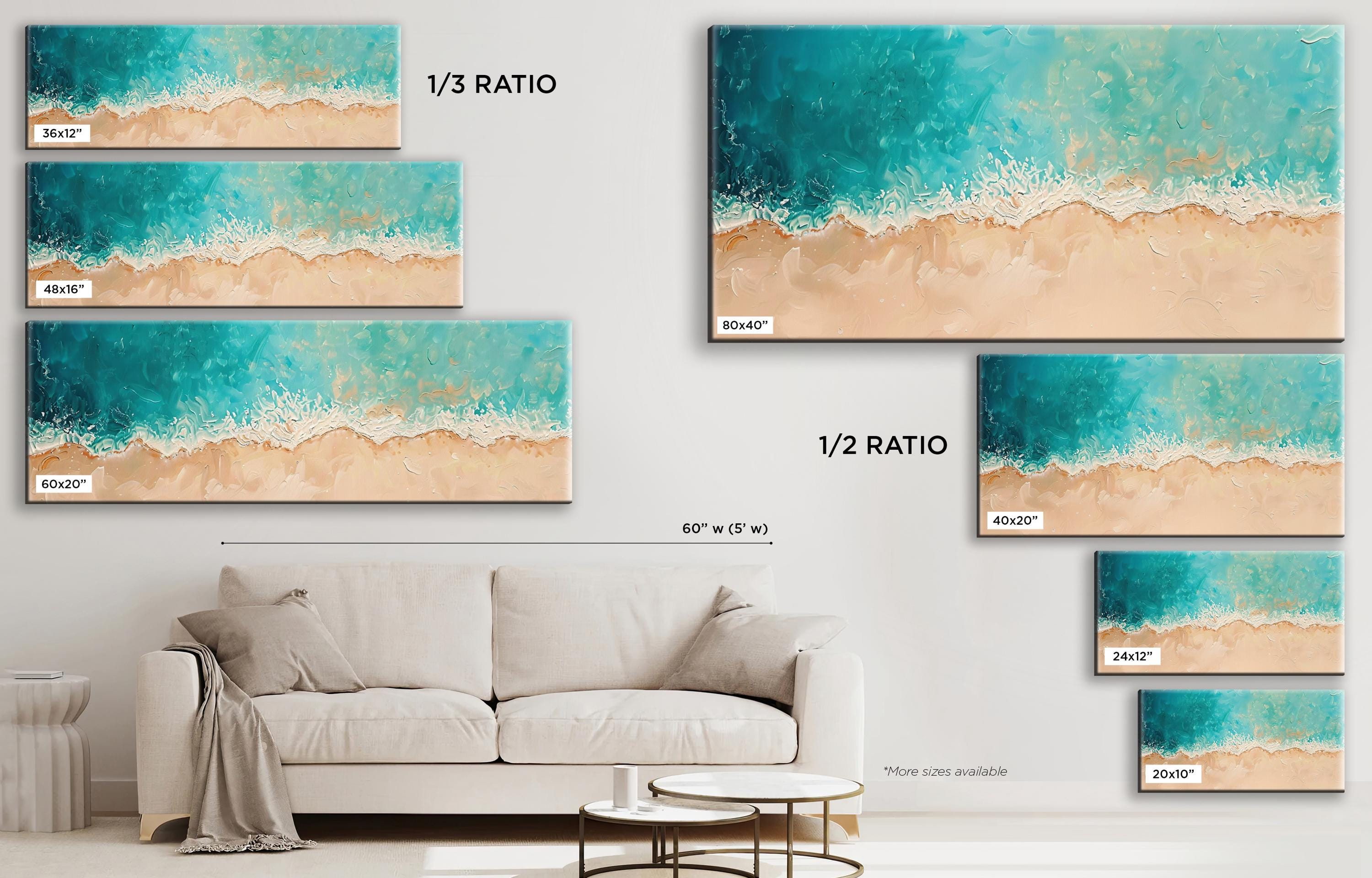 a living room with a couch, coffee table and paintings on the wall