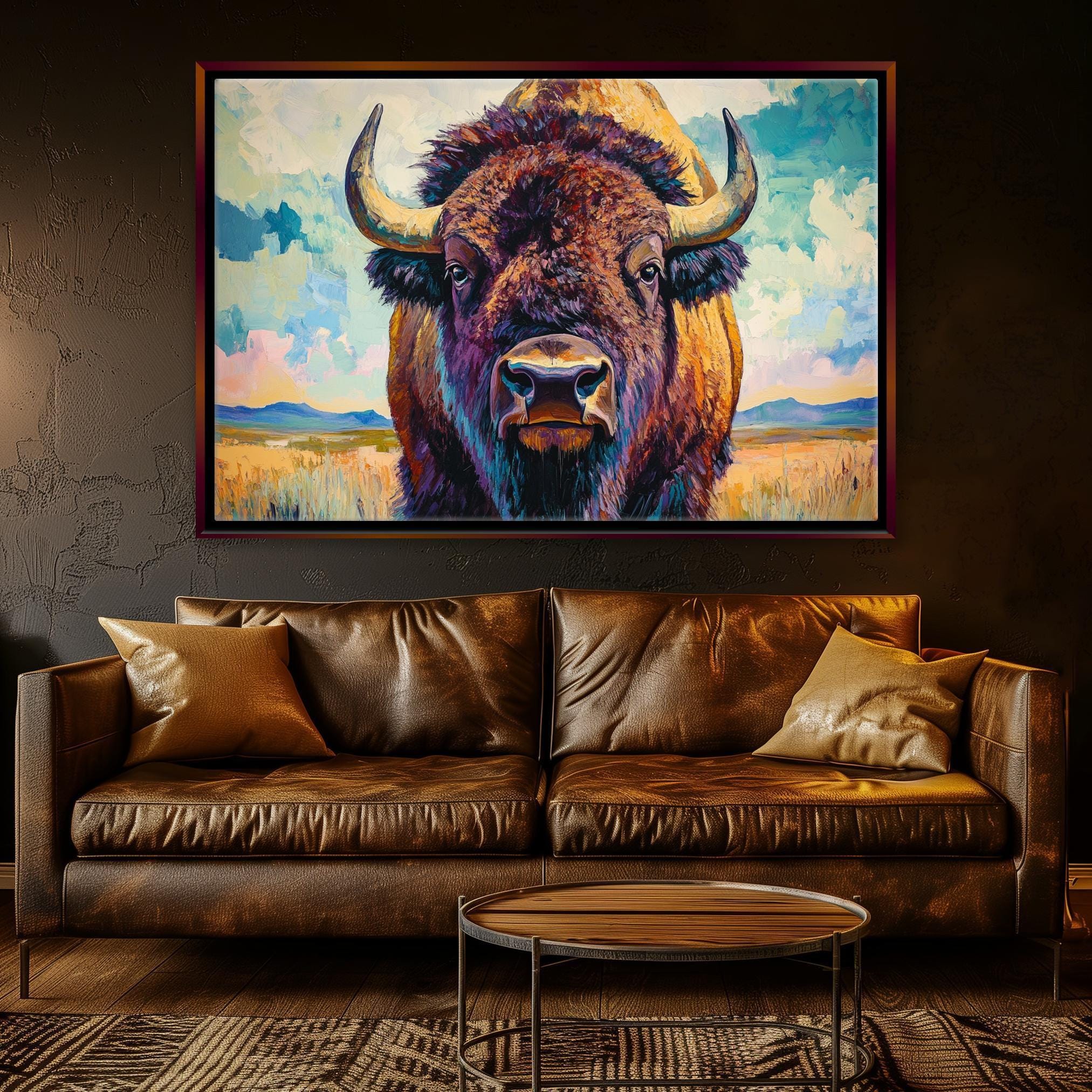 a large painting of a bison with horns, hanging on a wall above a brown leather couch in a living room setting.