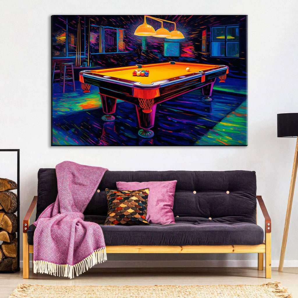 Neon Synthwave Pool Art – Vintage Billiards Table Print | Ready to Hang Canvas