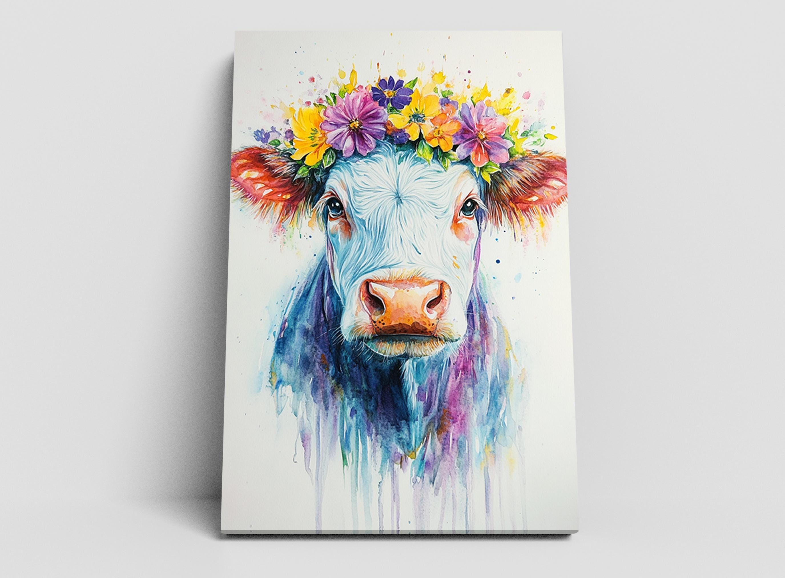 A colorful painting of a cow wearing a flower crown, with vibrant flowers and a watercolor style.