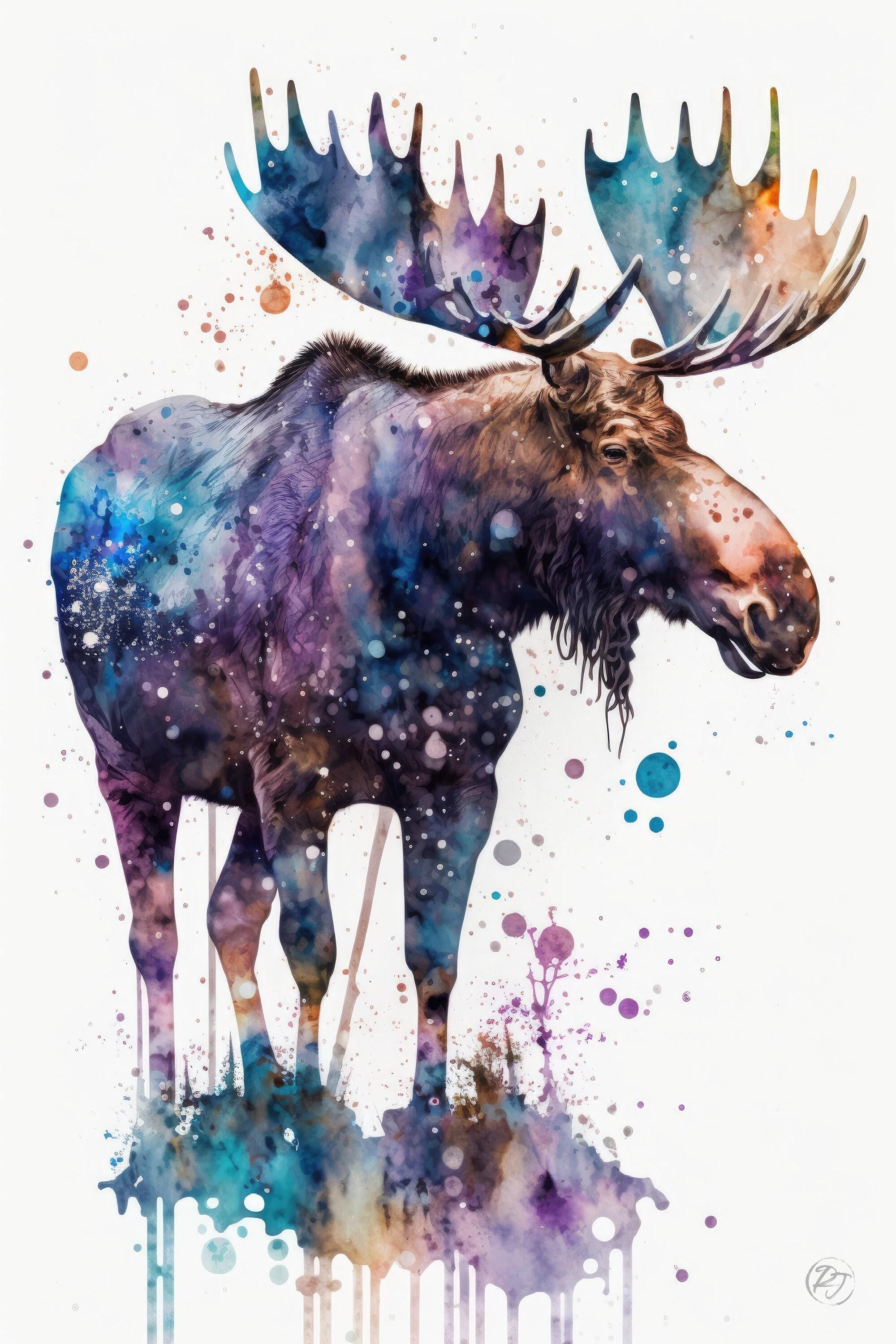Moose Watercolor Art Print, Nursery Animal Canvas Print, Cute Decor, Framed Kids Wall Art
