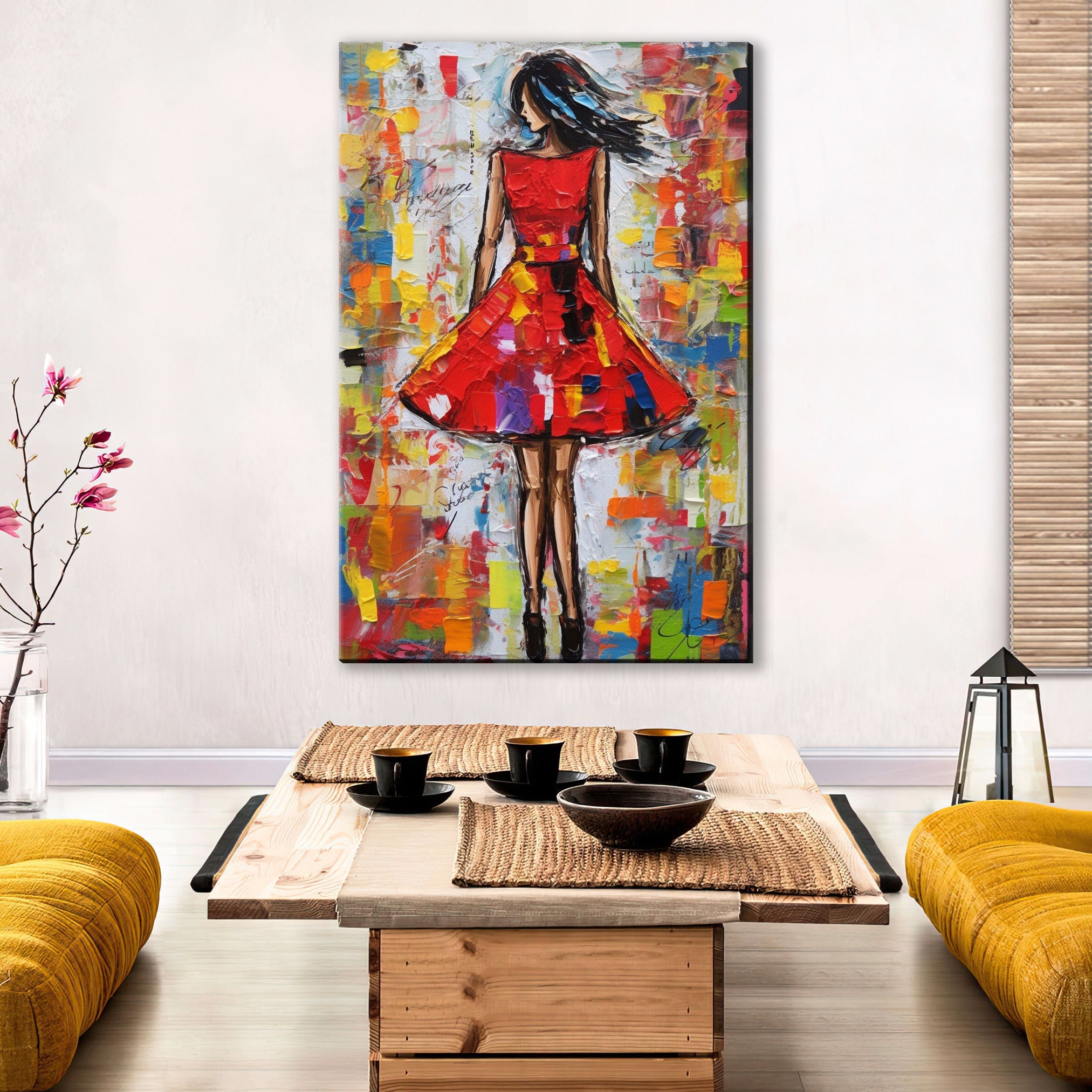 Red Dress Wall Art – Elegant Feminine Canvas Print with Impasto Painting