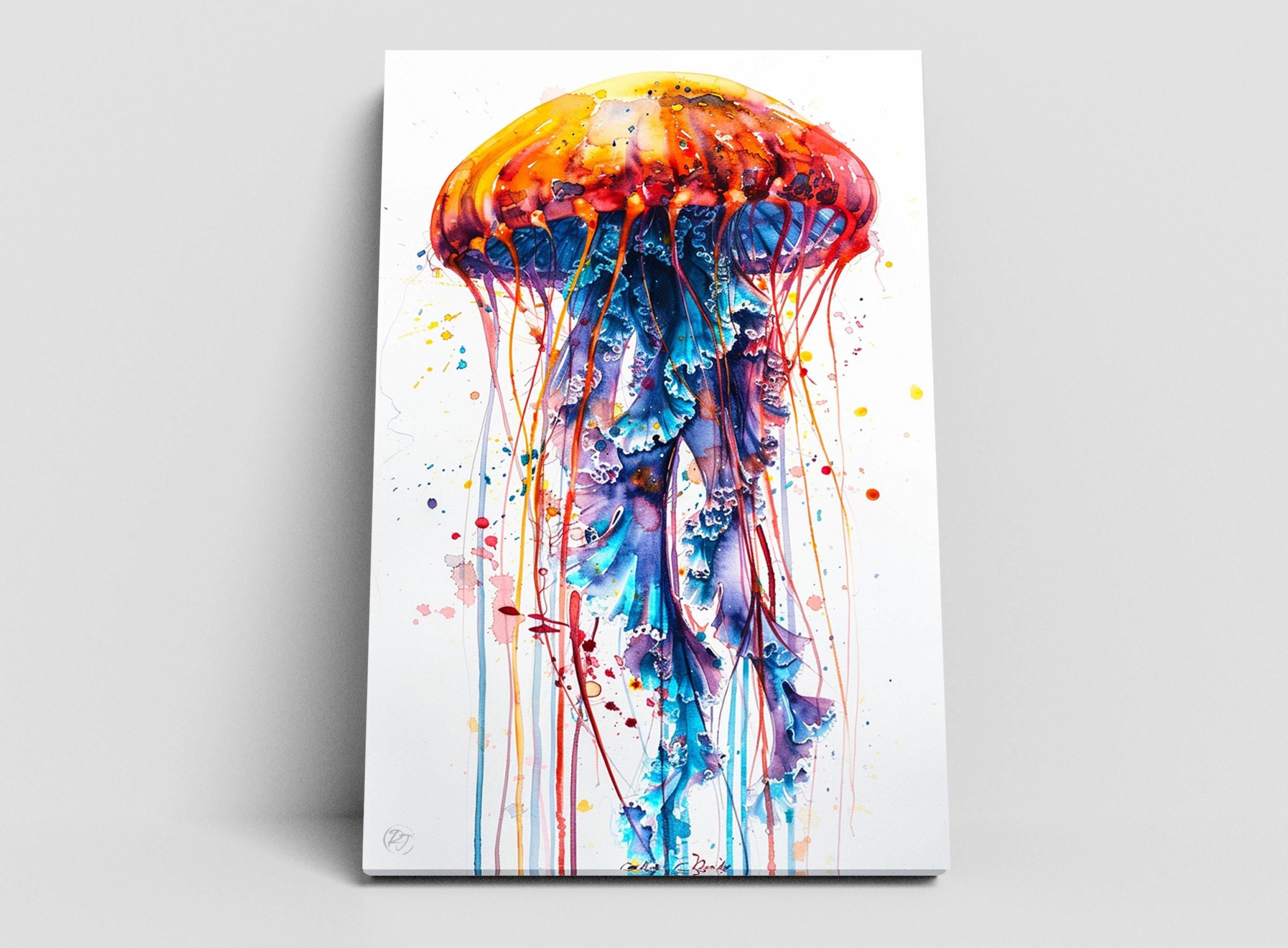 Abstract Floating Jellyfish Watercolor Wall Decor, Giclee Print on Canvas, Artist Paper, Watercolor Paper, Available in Extra Large Sizes