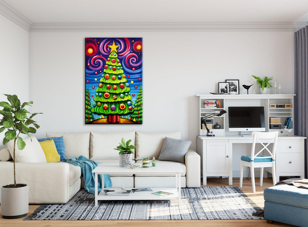 Christmas Canvas Art – Vibrant Color Burst Xmas Tree Painting on Gallery Wrapped Canvas