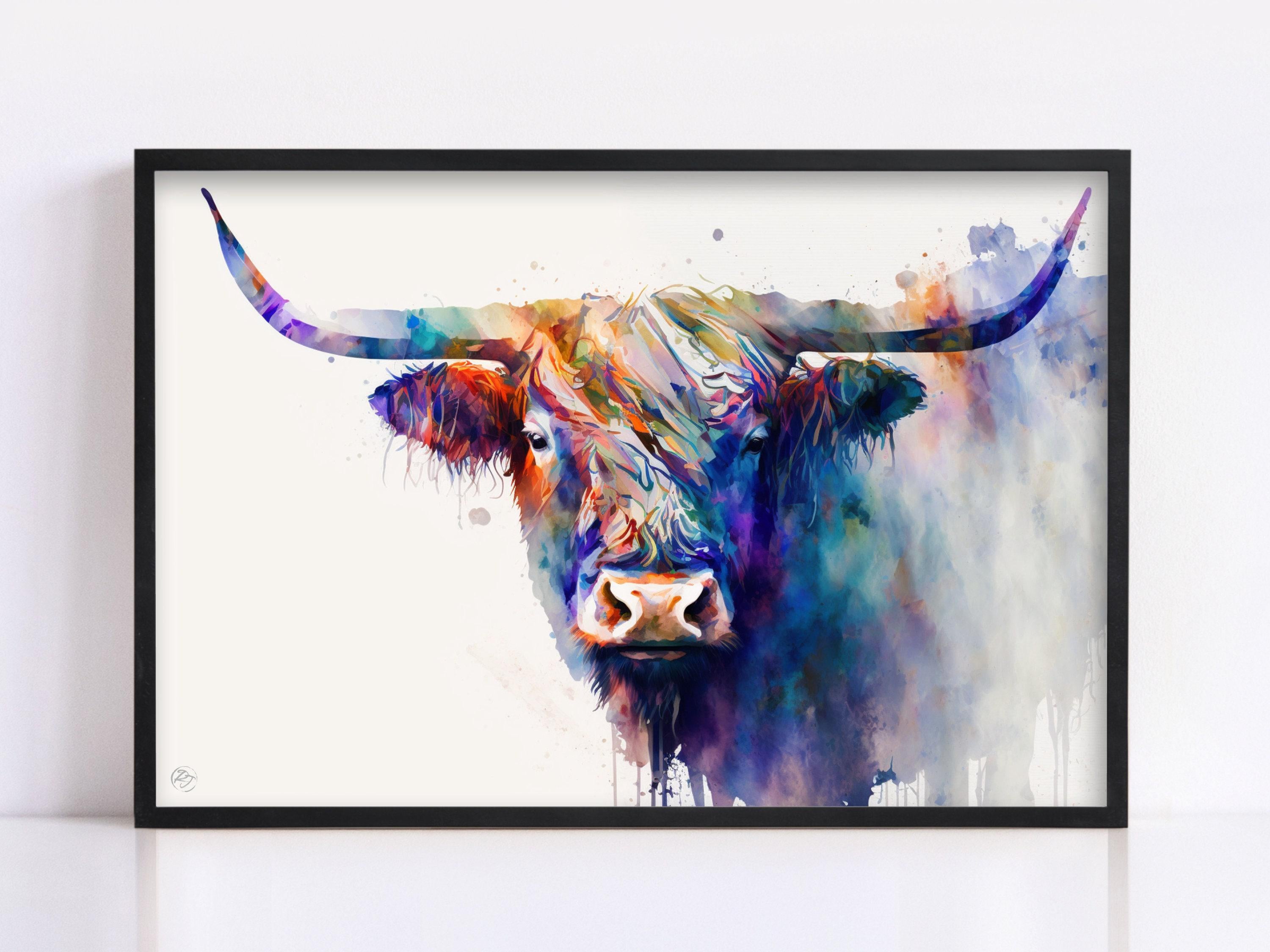 Scotland's Icon: Watercolor Highland Cow Wall Decor, Giclee Print on Canvas, Artist Paper, Watercolor Paper, Available in Extra Large Sizes