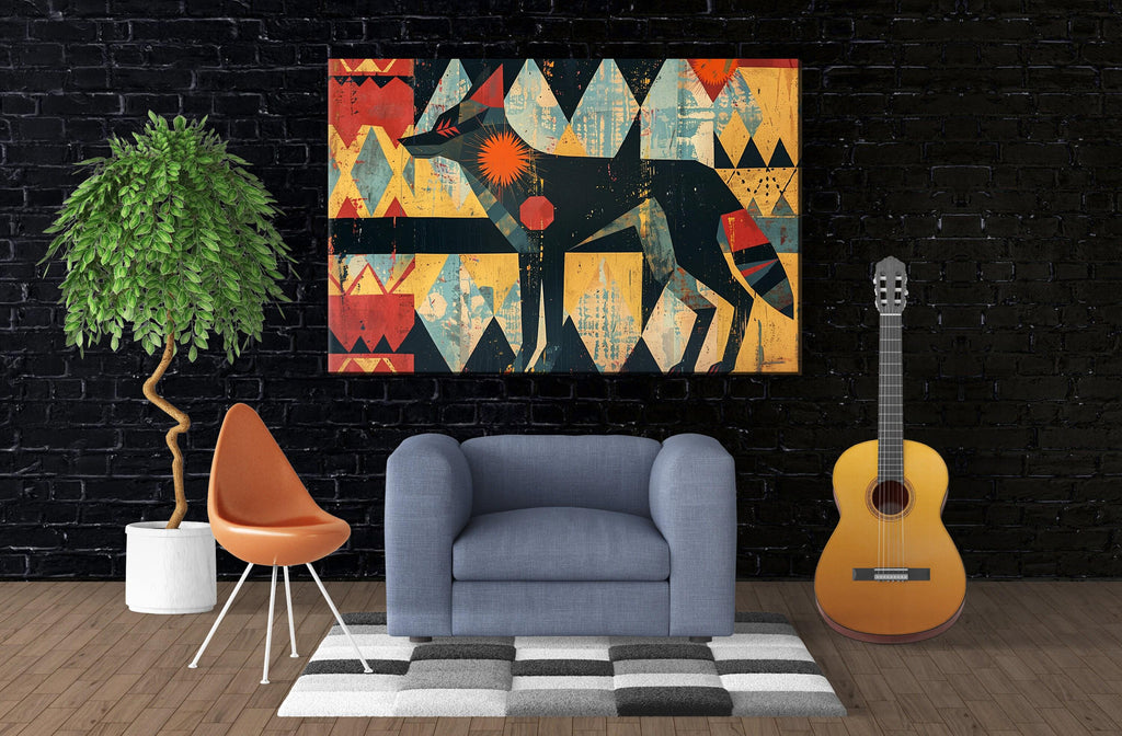 Native American Coyote Art – Modern Southwest Canvas | Large Tribal Spirit Painting