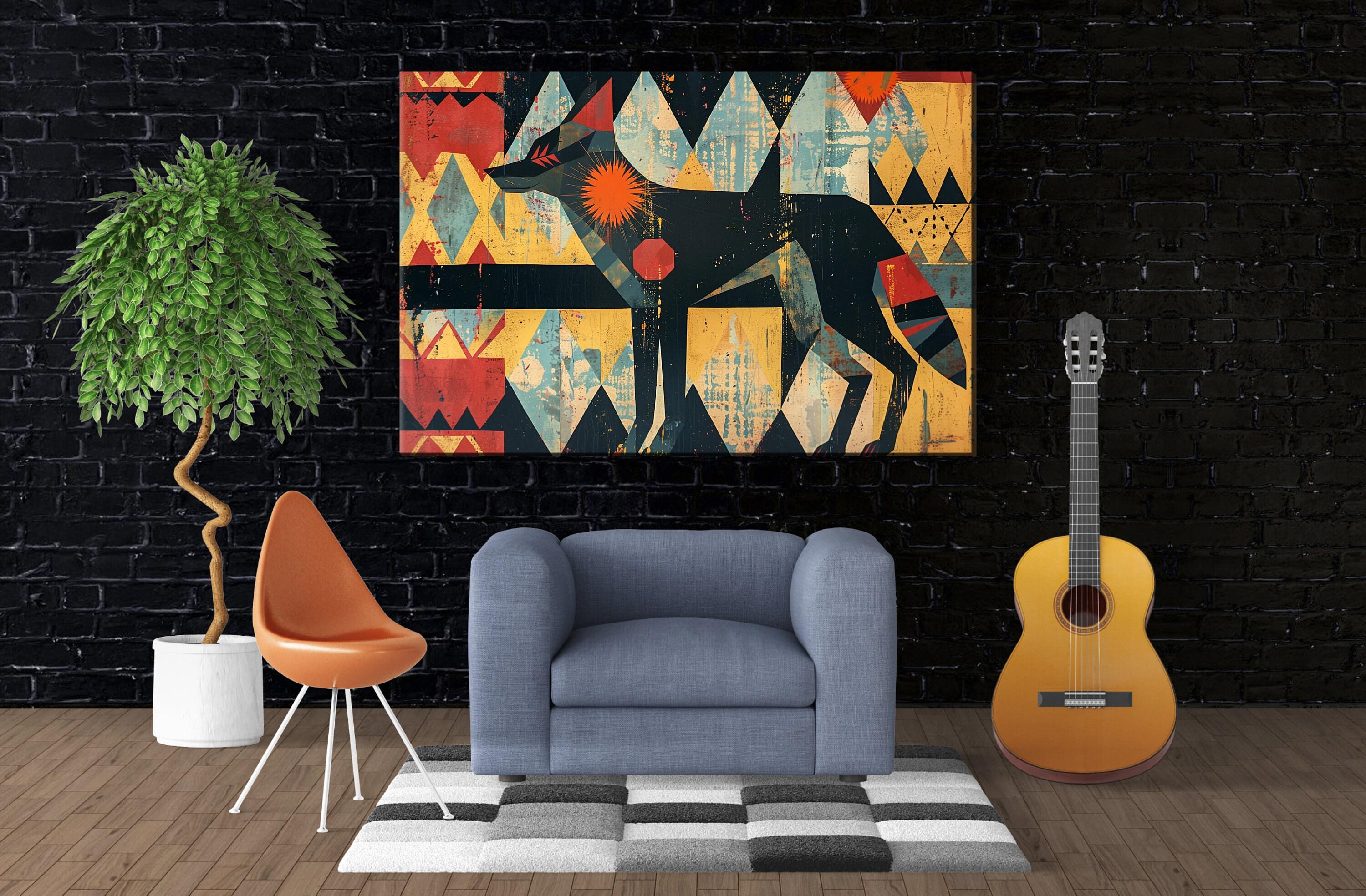 Native American Coyote Art – Modern Southwest Canvas | Large Tribal Spirit Painting