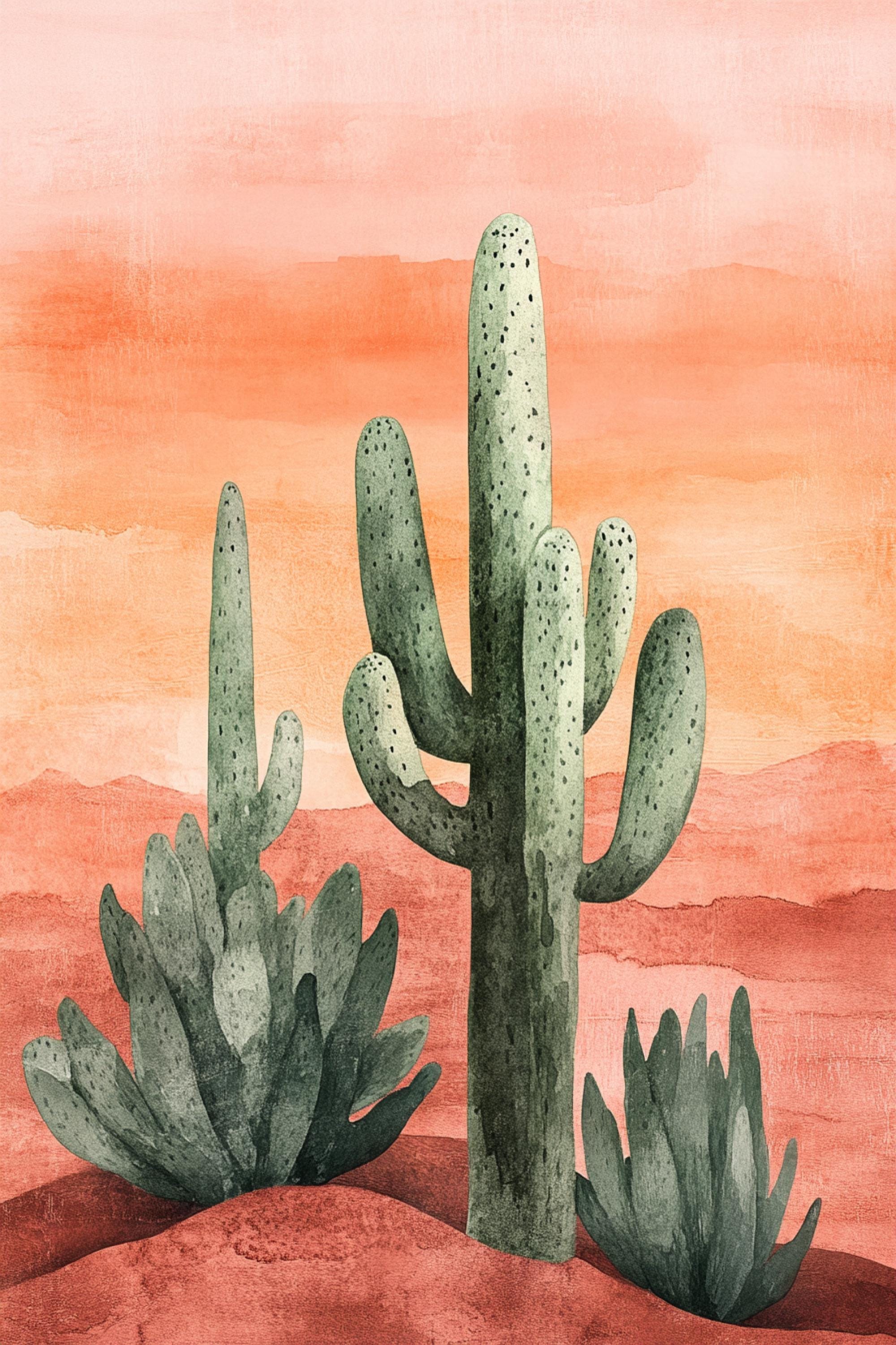 A watercolor painting depicting a desert scene with three cacti against a warm orange and red background.