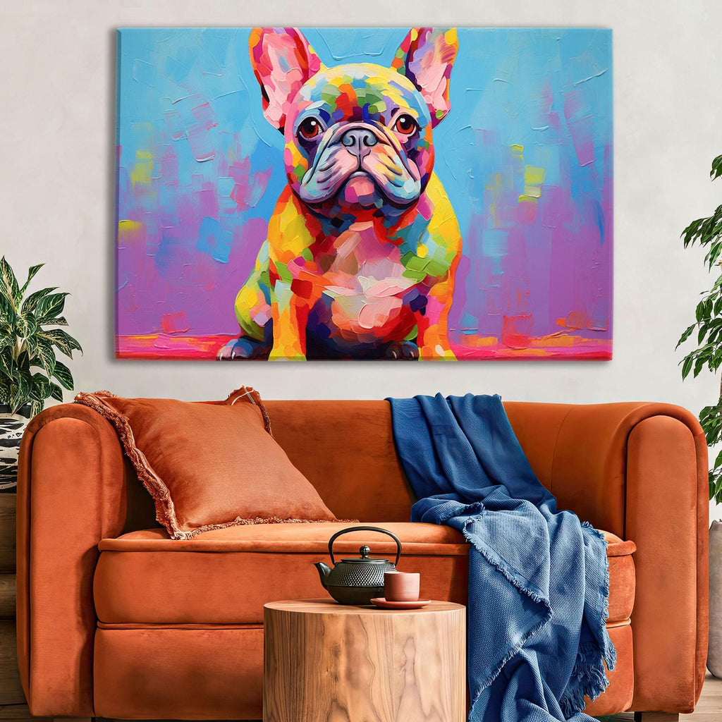 a large, colorful painting of a French Bulldog on a wall above a brown couch in a living room setting.
