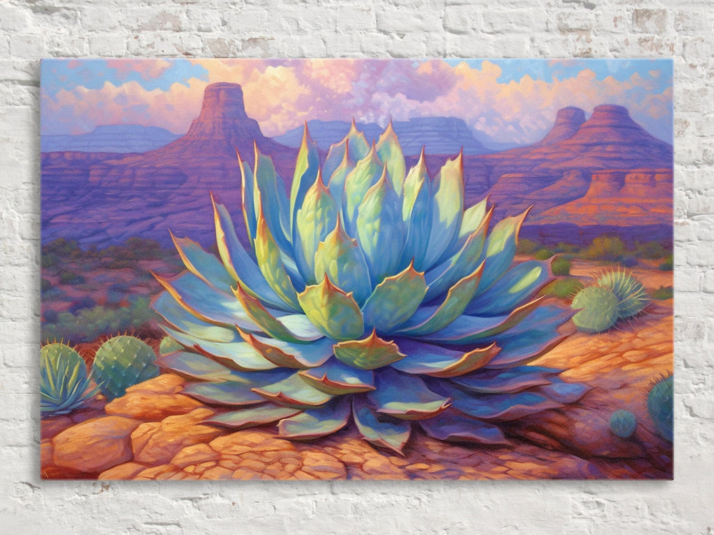 Blue Agave Canvas Art – Desert Pastel Painting on Gallery Wrapped Canvas, Extra Large