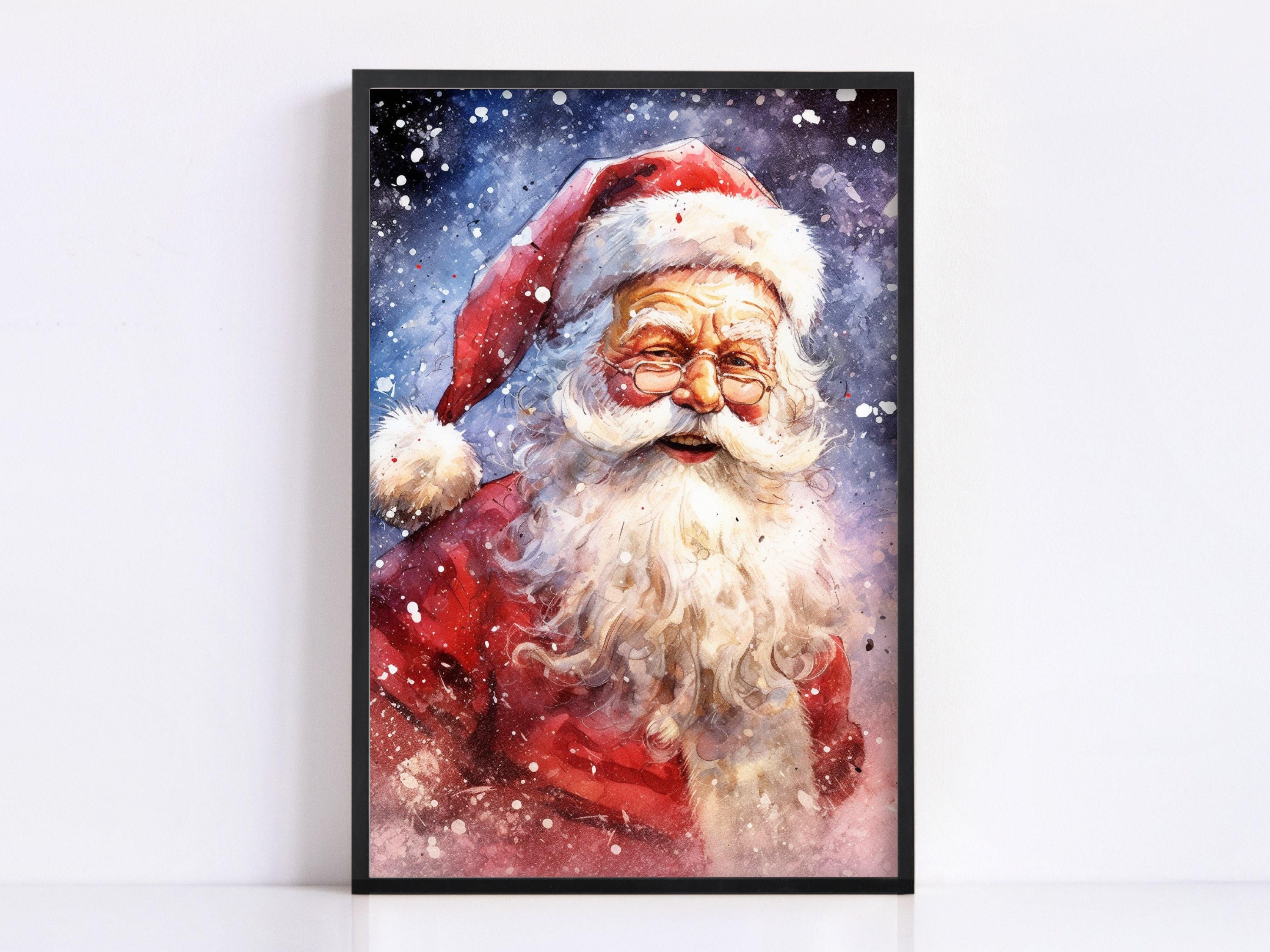 Santa Christmas Watercolor - Winter Wonderland Decor, Giclee Print on Canvas, Artist Paper, Watercolor Paper, Available in Extra Large Sizes