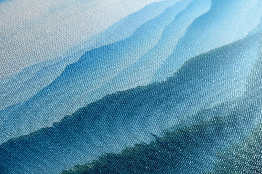 a painting of a mountain range with trees in the foreground