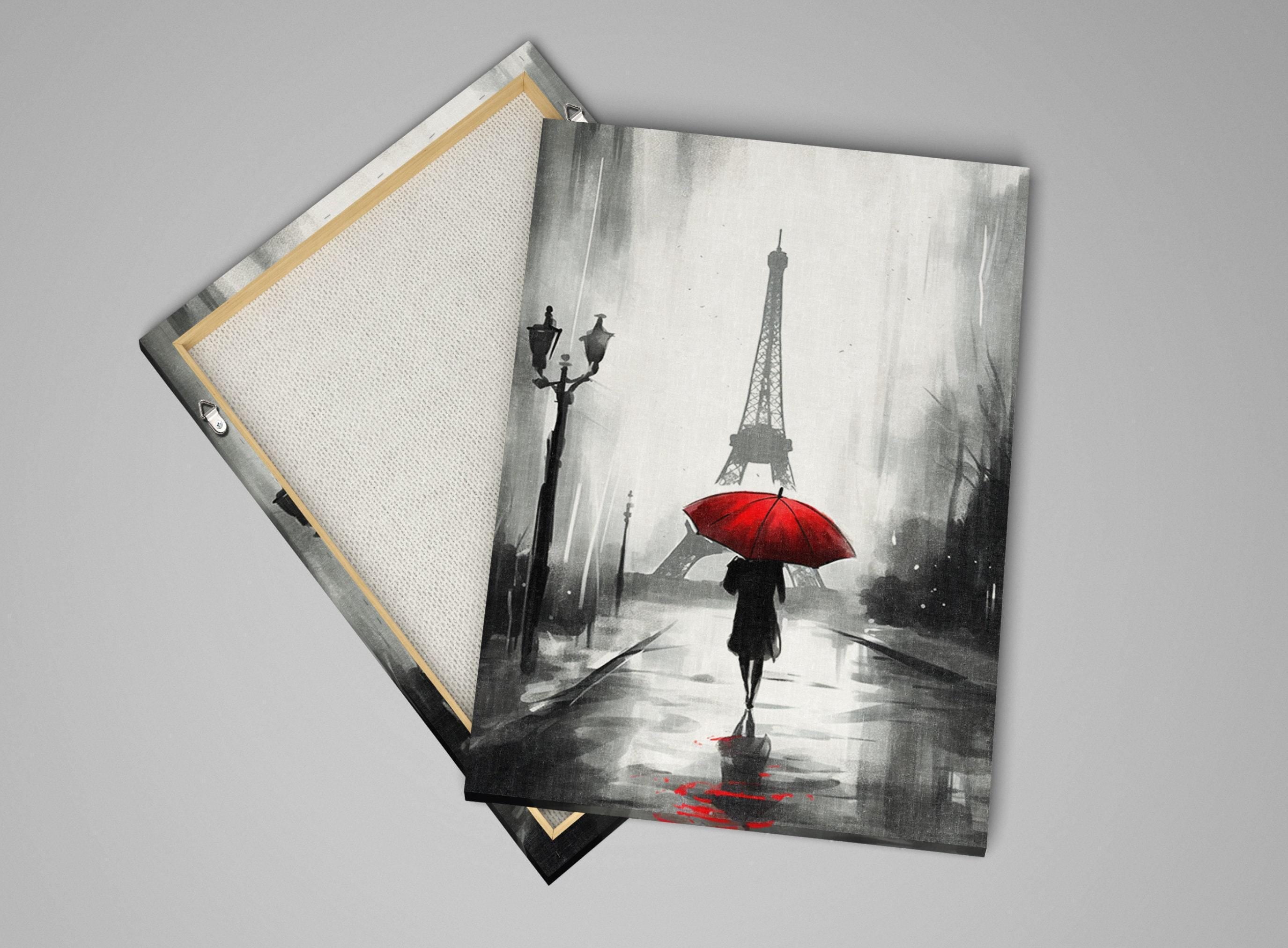 a person walking down a rainy street with a red umbrella, while the Eiffel Tower is visible in the background.