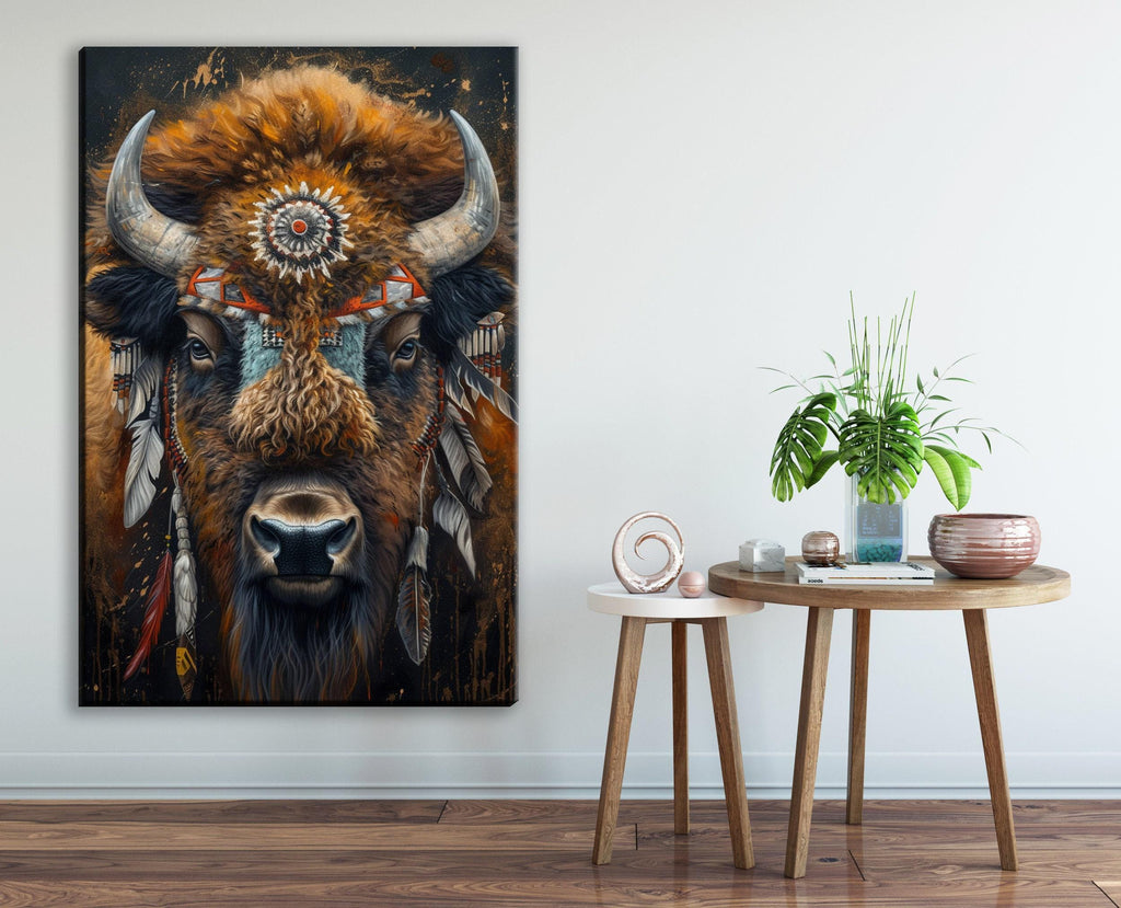 a large painting of a buffalo with a decorative headdress, hanging on a wall next to a small table with a plant and other decorative items.