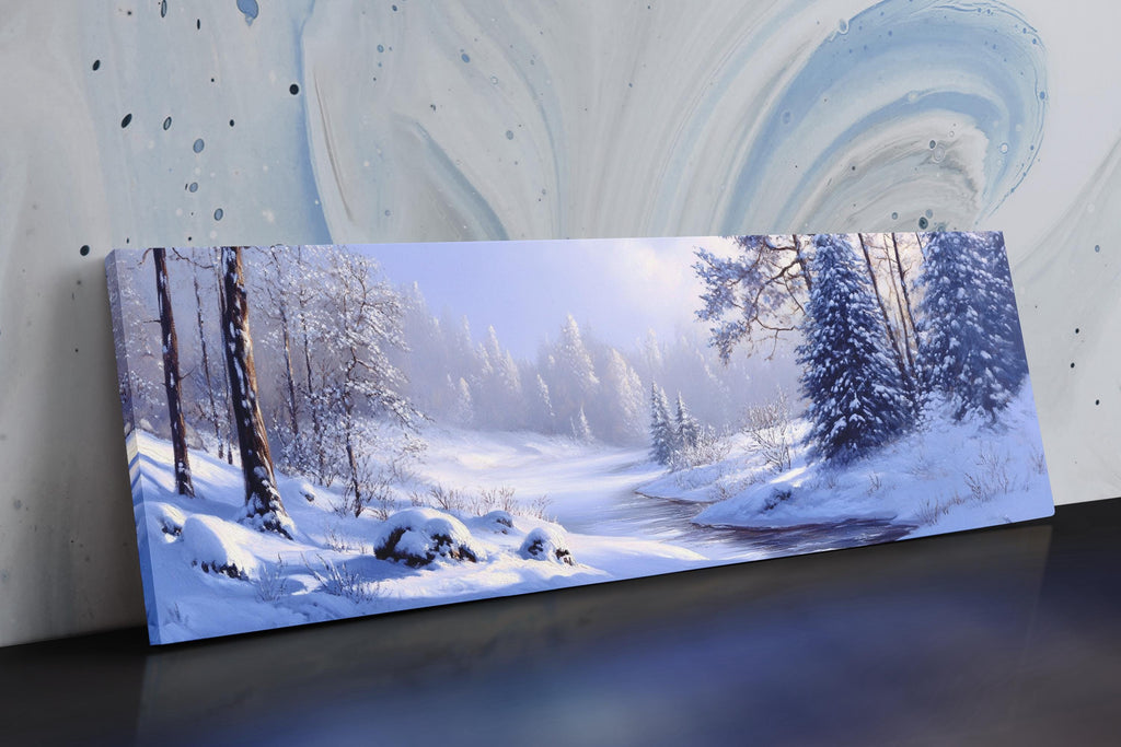 a painting of a snowy landscape with trees