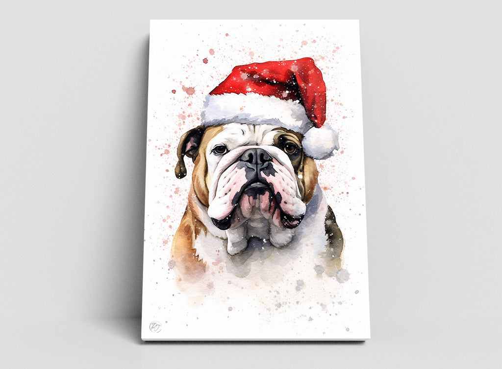 Christmas Bulldog - English Bulldog with Santa Hat, Giclee Print on Canvas, Artist Paper, Watercolor Paper, Available in Extra Large Sizes