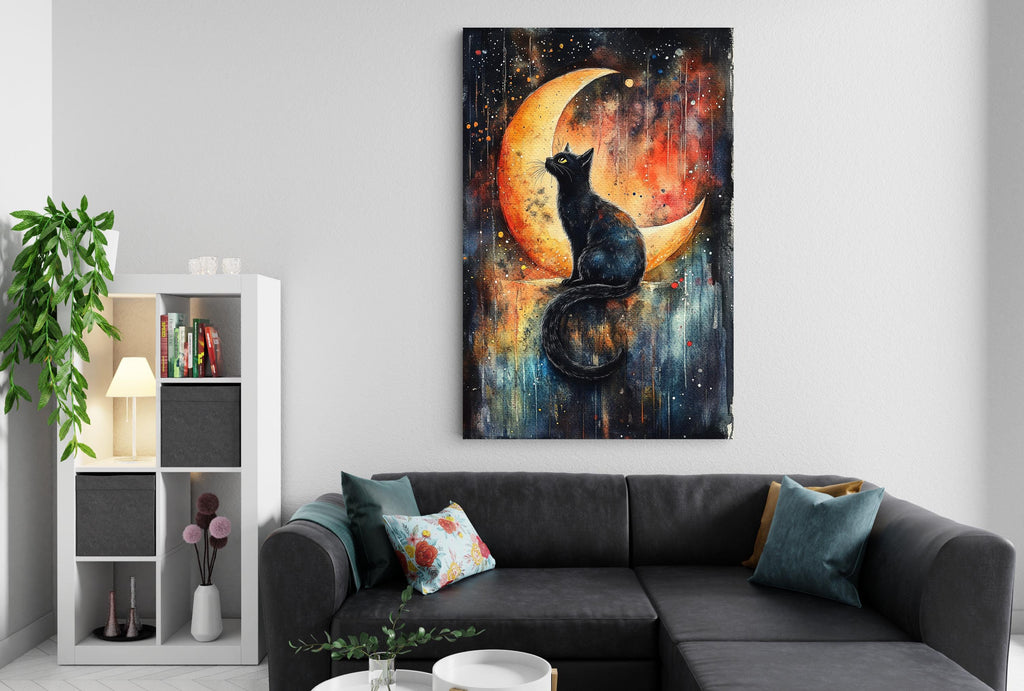 a living room with a black cat sitting on a crescent moon, surrounded by a colorful and vibrant painting on the wall.