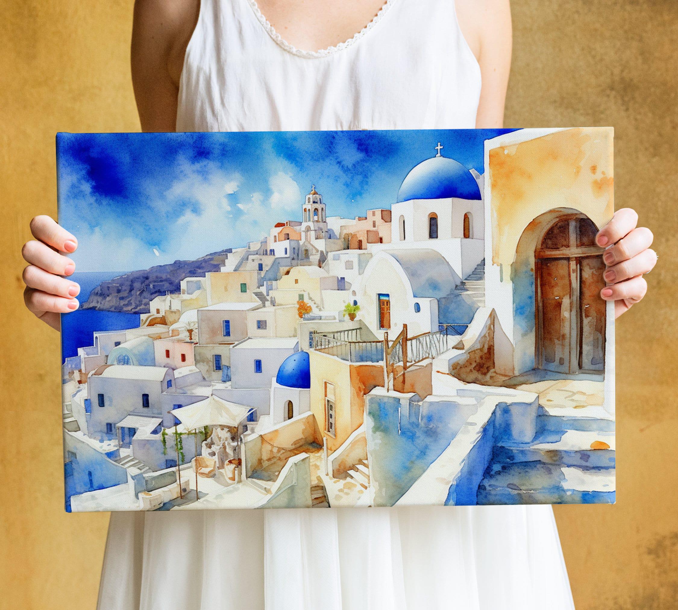 Aegean Serenity in Santorini: Watercolor Painting Print, Print on Canvas, Artist Paper, Watercolor Paper, Available in Extra Large Sizes