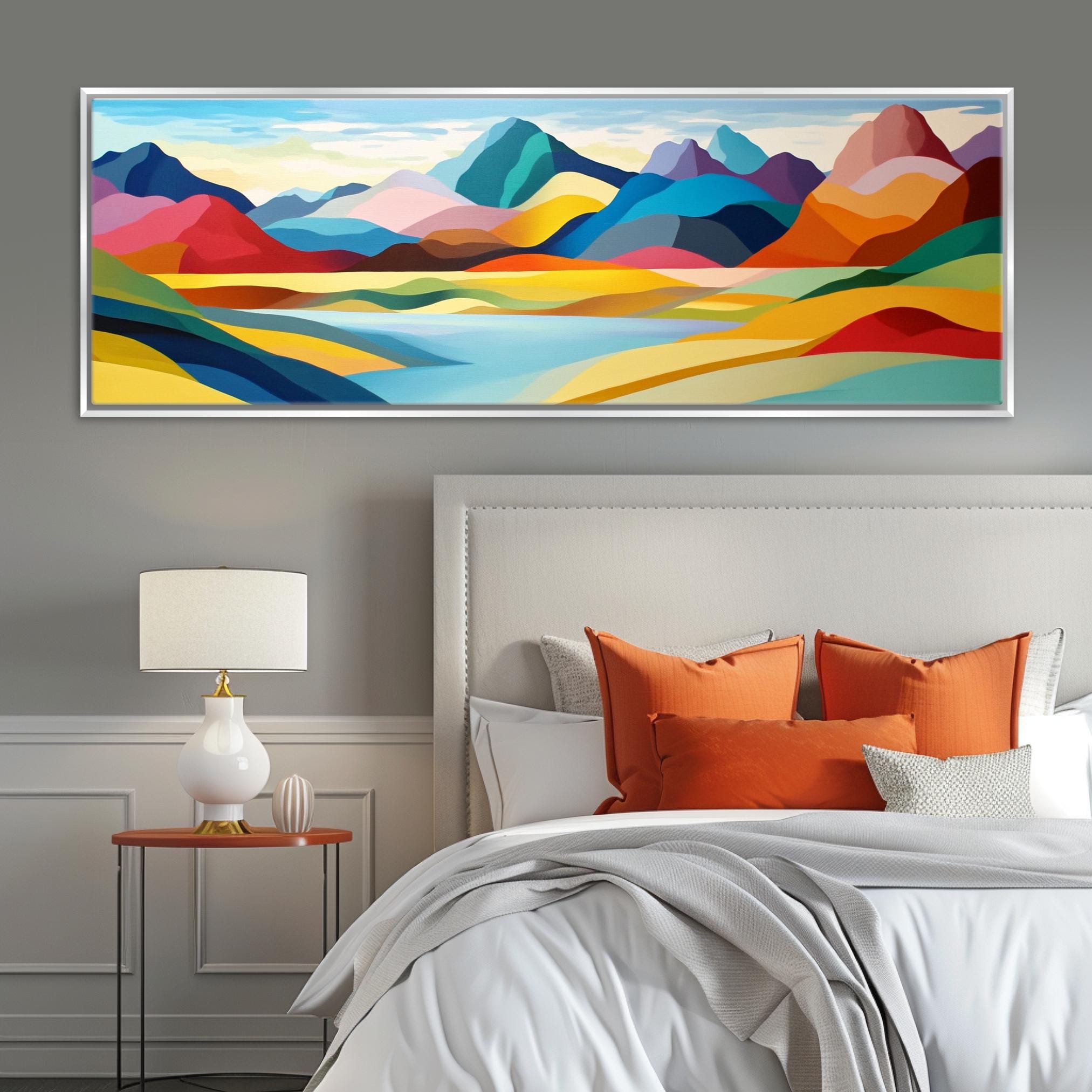 a bedroom with a large painting on the wall above the bed