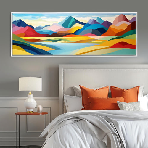 a bedroom with a large painting on the wall above the bed