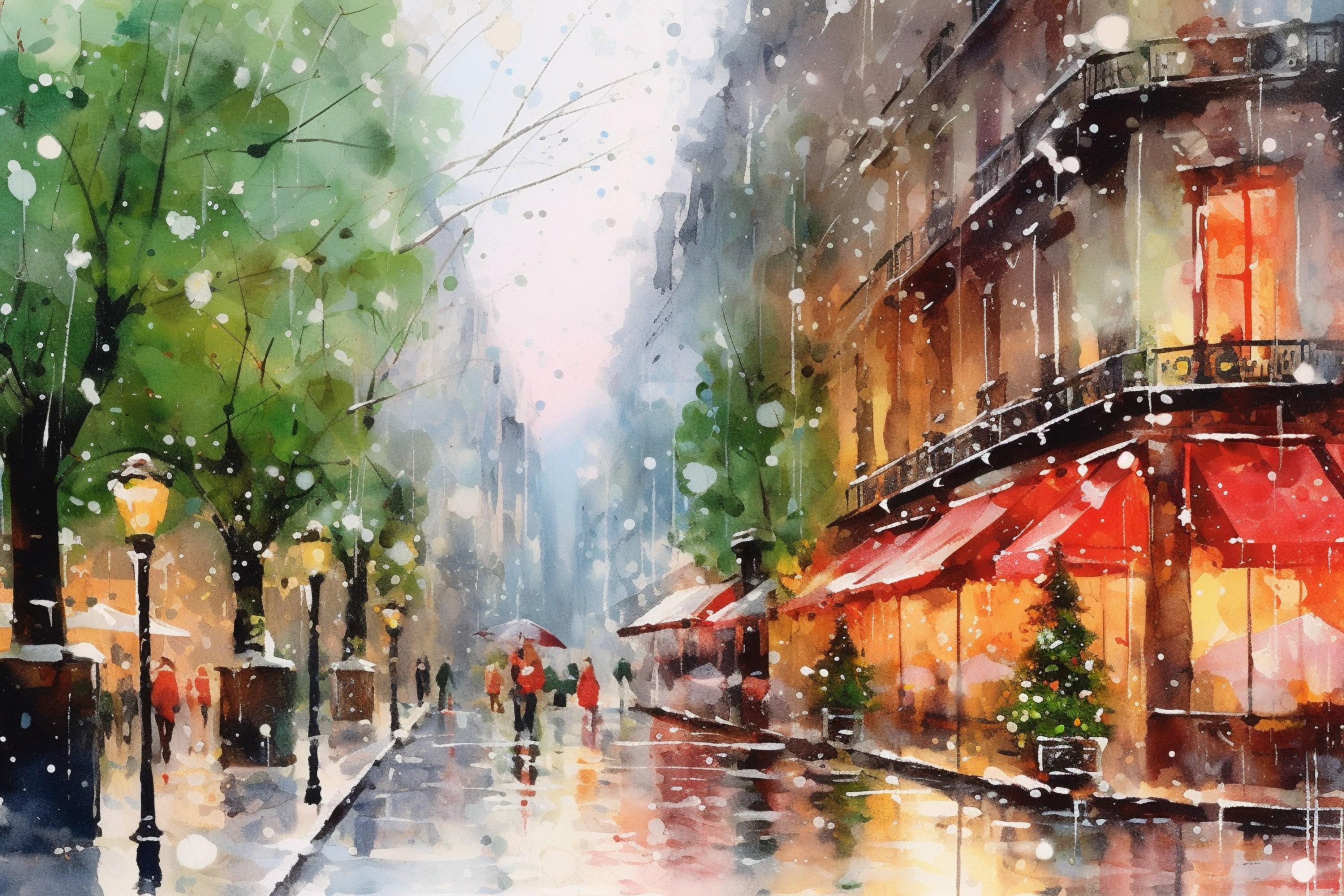 Snowy Christmas Town Watercolor - Rustic Holiday Decor, Print on Canvas, Artist Paper, Watercolor Paper, Available in Extra Large Sizes