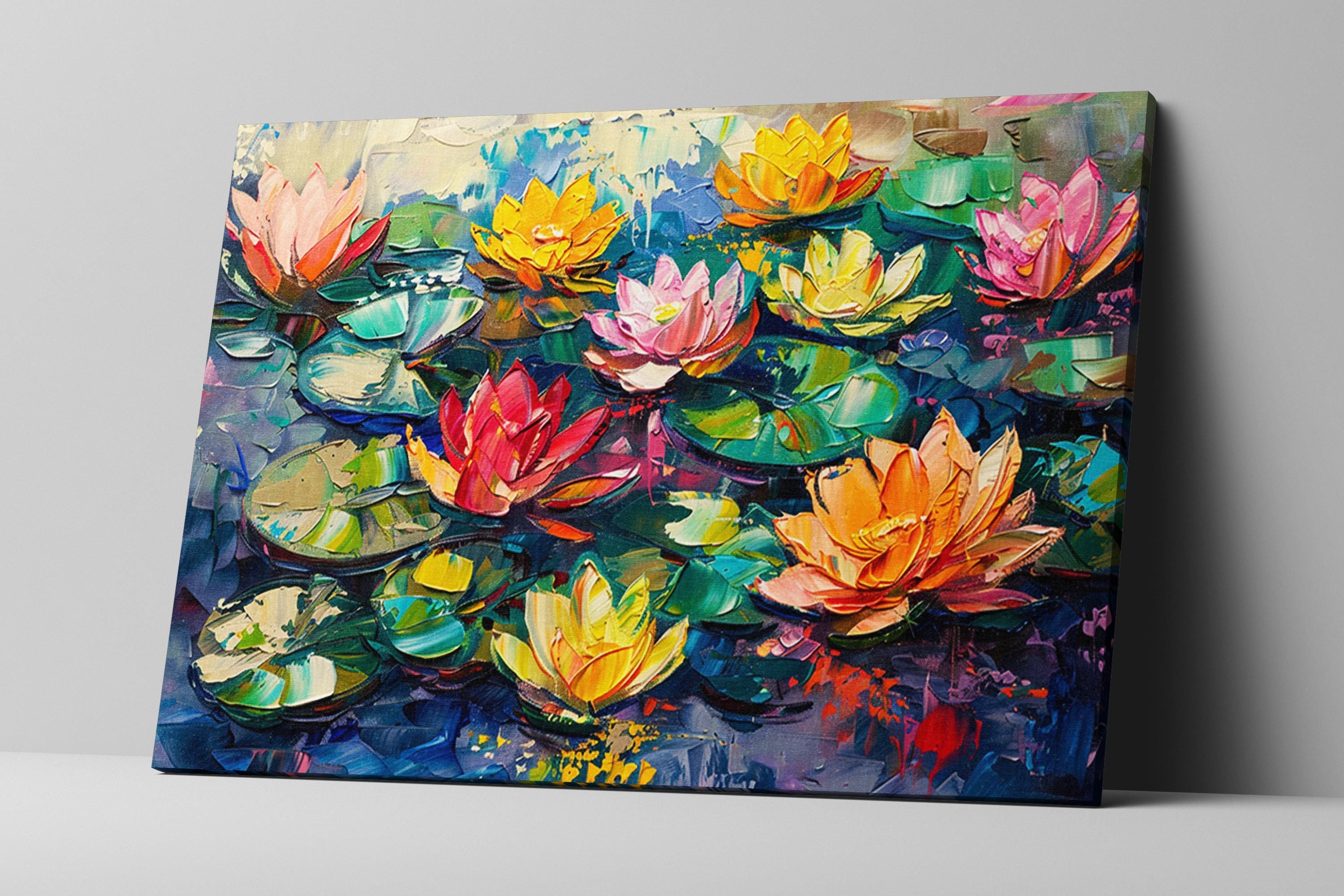 Water Lilies Canvas | Large Canvas Art - Oversized Botanical Wall Art in Impasto Painting Style