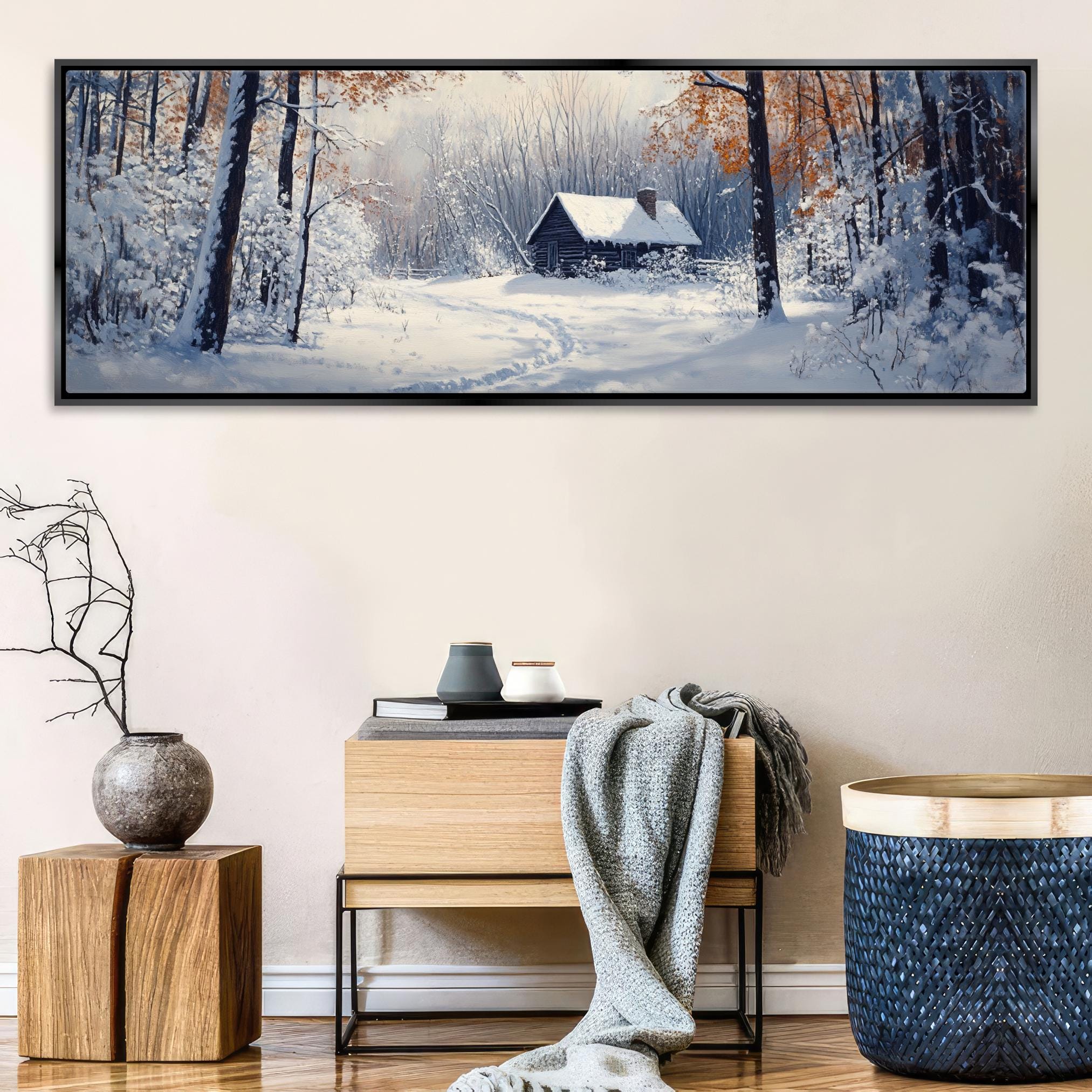 a painting of a cabin in a snowy forest