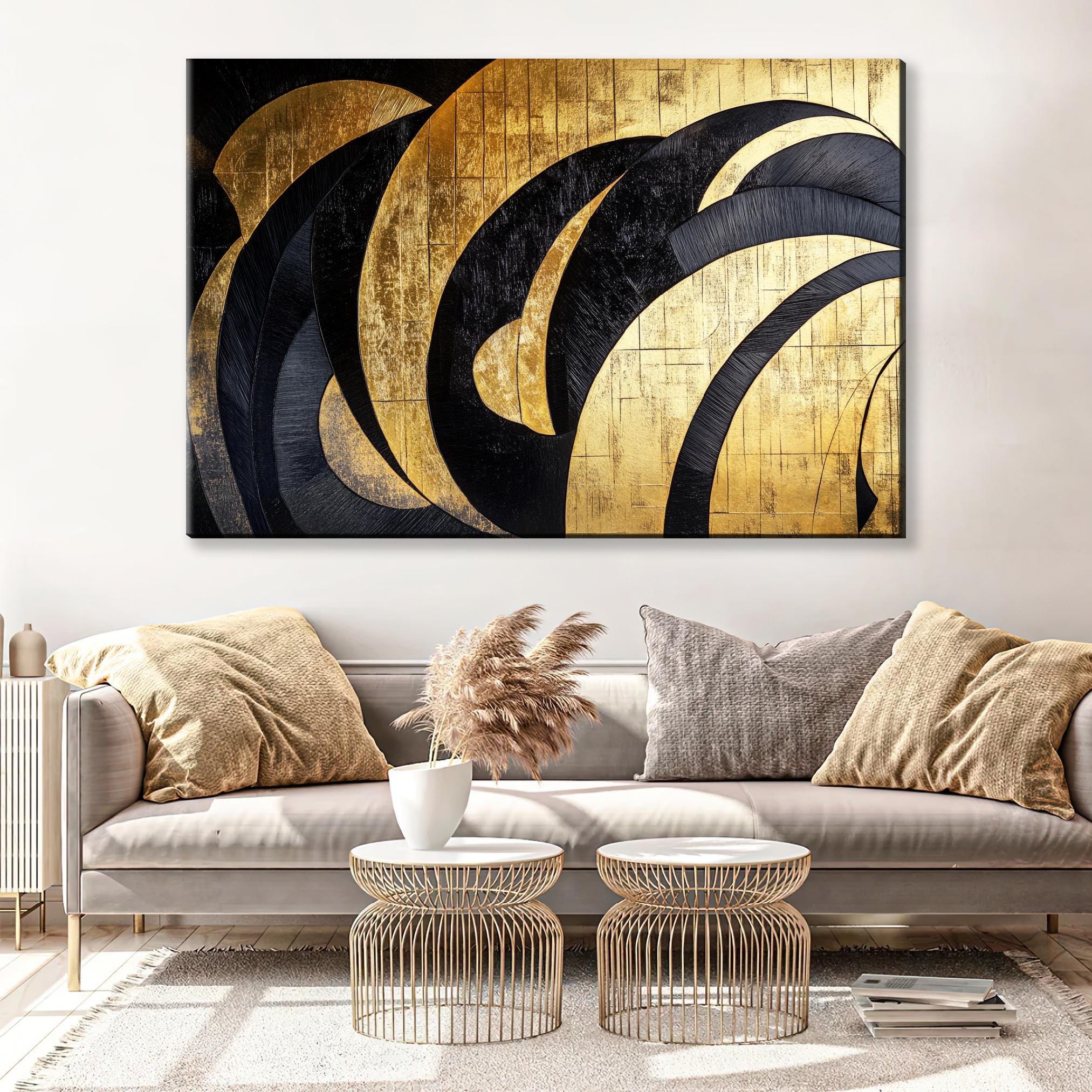 a living room with a couch and a painting on the wall