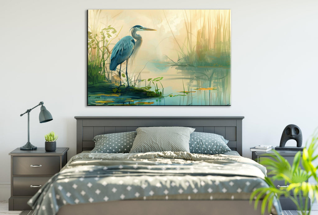 Blue Heron Wall Art – Large Canvas Print | Misty Morning Coastal Decor