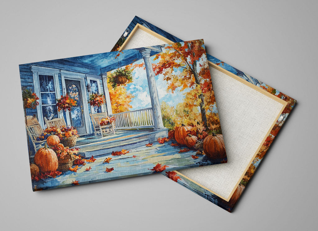 a cozy autumn scene with a porch adorned with pumpkins and fall foliage.