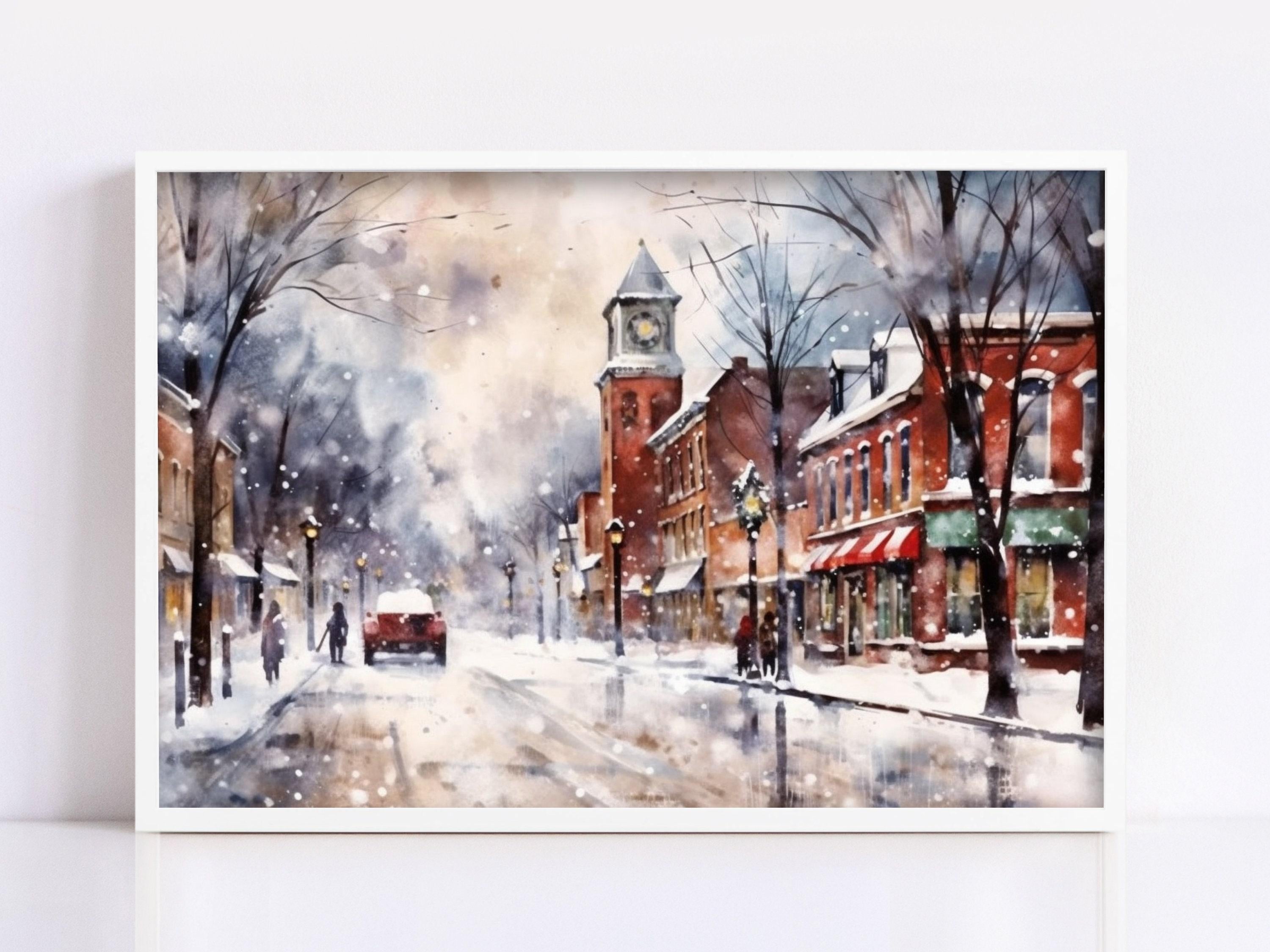 Charming Holiday Town Watercolor - Rustic Christmas Decor, Print on Canvas, Artist Paper, Watercolor Paper, Available in Extra Large Sizes